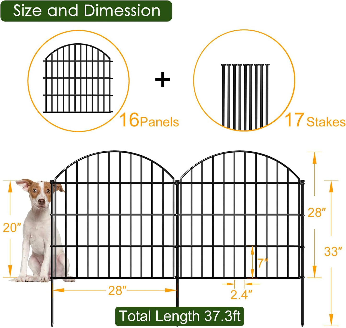 Metal Garden Fence 28in (H) x 37.3ft (L), 16 Panels + 17 Stakes Dog Fences Border Fence Animal Barrier, No Dig Garden Fencing for Yard Flower Bed Patio Outdoor, CTW2816 Black