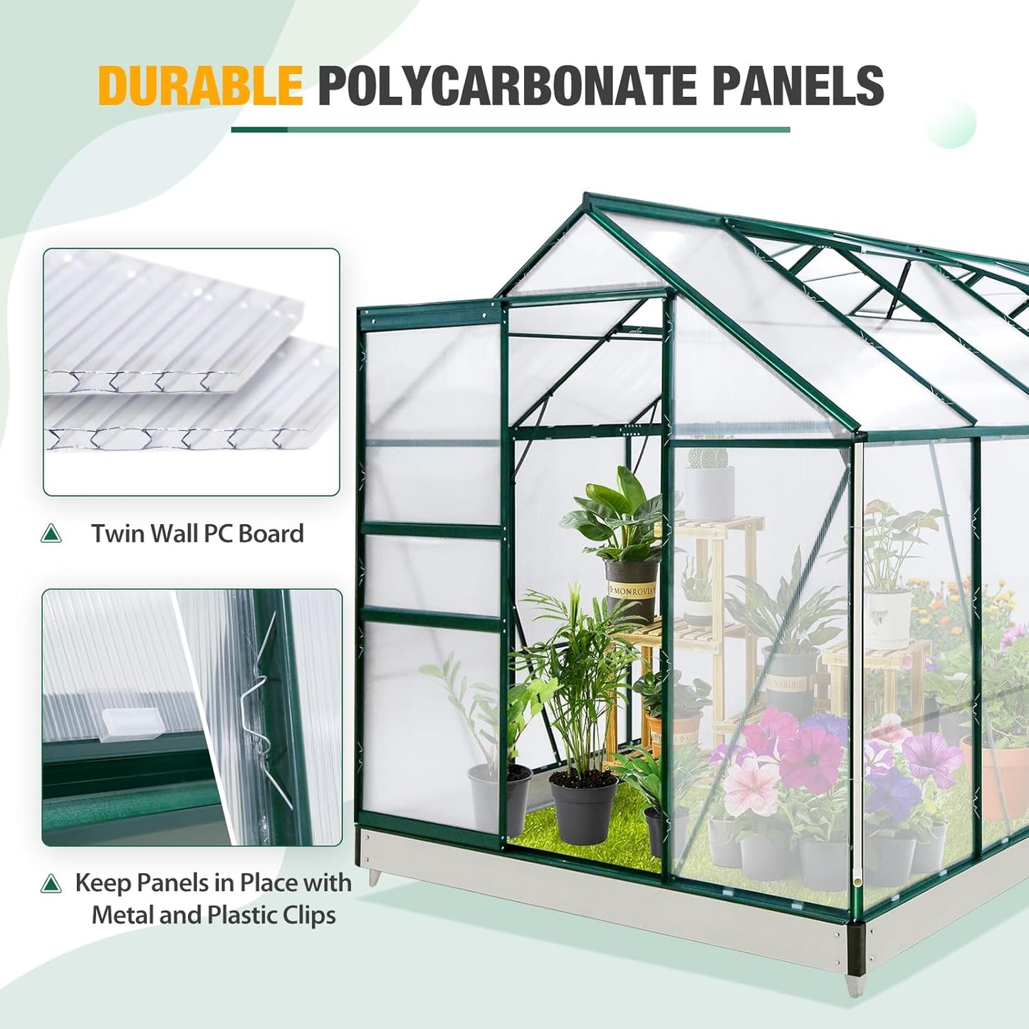 EAGLE PEAK 10x6x7 Outdoor Walk-in Hobby Greenhouse with Adjustable Roof Vent, Rain Gutter, Base and Anchor, Polycarbonate Aluminum Green House for Backyard Garden, Dark Green