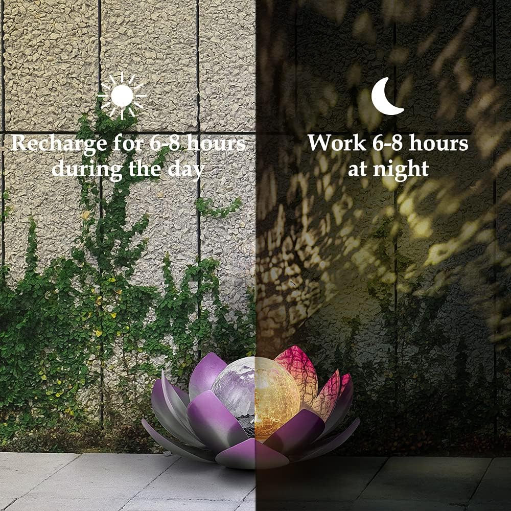 Huaxu Solar Lights Outdoor Decor Purple Lotus Waterproof LED Crackle Globe Glass Metal Flower Decorations for Garden Patio Yard Porch Pathway Ground Tabletop