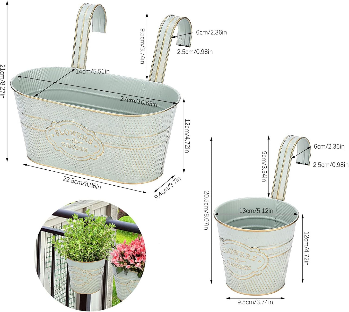 PerGar Vintage Metal Iron Wall Hanging Flower Pots, Rustic Planter Bucket Herb Flower Plant Holder with Detachable Hooks & Drainage Hole for Railing Fence Balcony Deck Garden Home Decoration, Set of 3