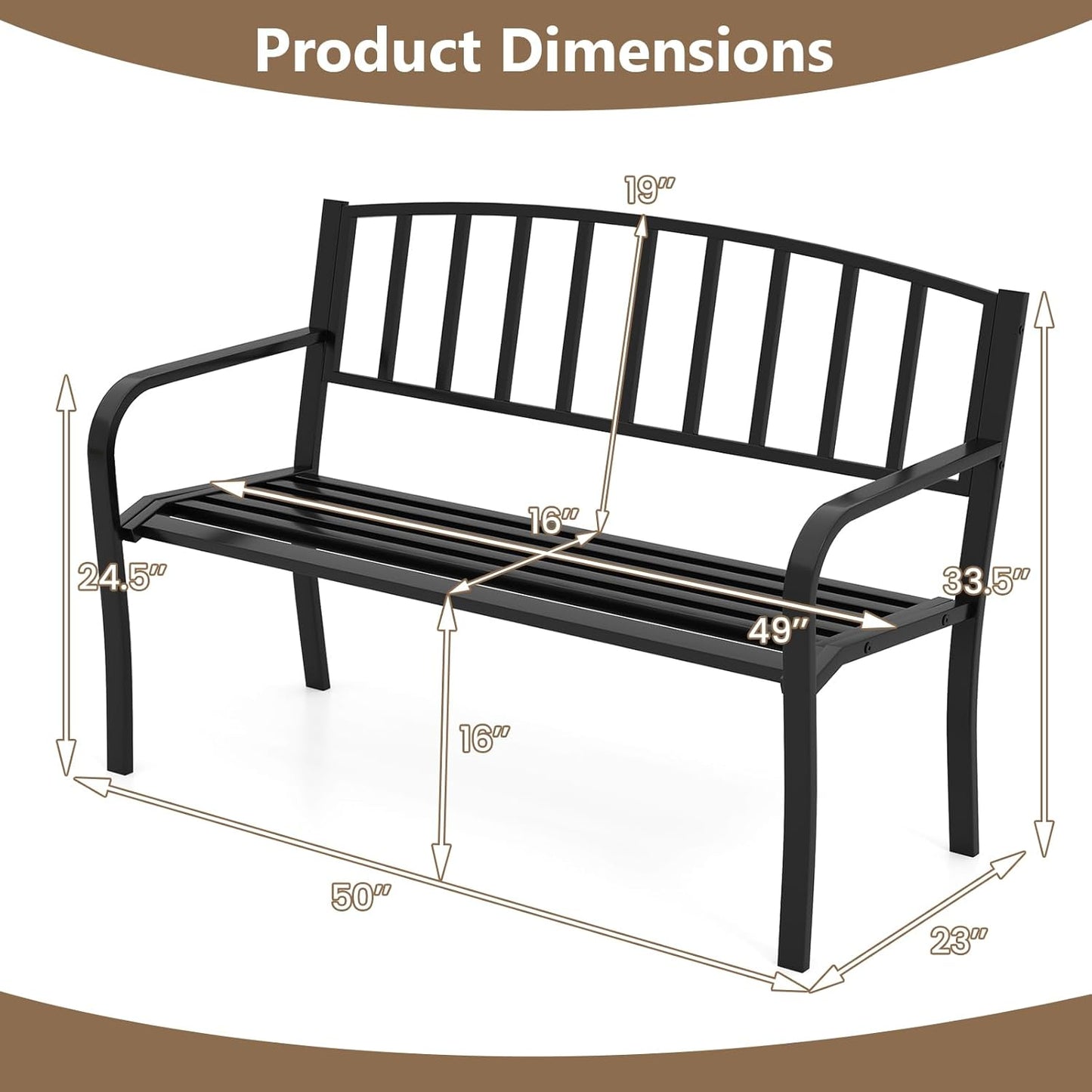 Tangkula Metal Outdoor Park Bench, 50 Inches Patio Garden Bench with Slatted Backrest and Curved Armrests, 2-3-Person Patio Bench, Outdoor Metal Loveseat Chair for Porch, Lawn, Yard and Park