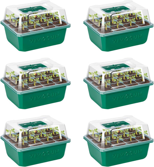 VIVOSUN 6-Pack Seed Starter Trays, 72-Cell Seed Starter Kit with Humidity Dome, Flat Reusable Plant Germination Trays with Drain Hole, Green Propagation Tray for Planting Seeds