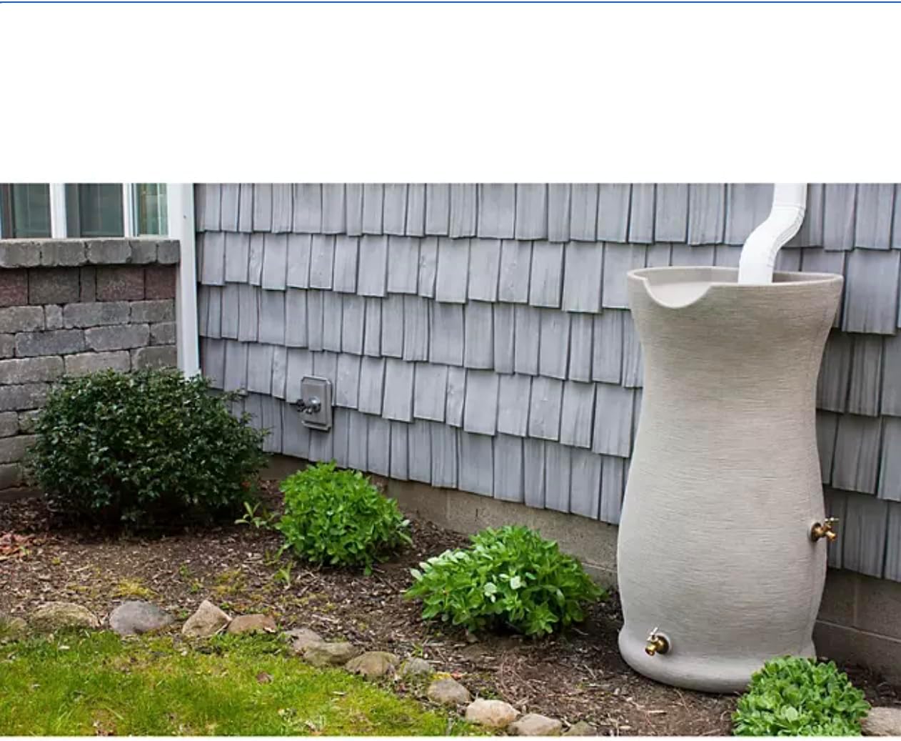 50-Gallon Impressions Corsican Rain Barrel with Diverter Kit, Light Gray Textured Finish, Dual Brass Spigots, Downspout Connection