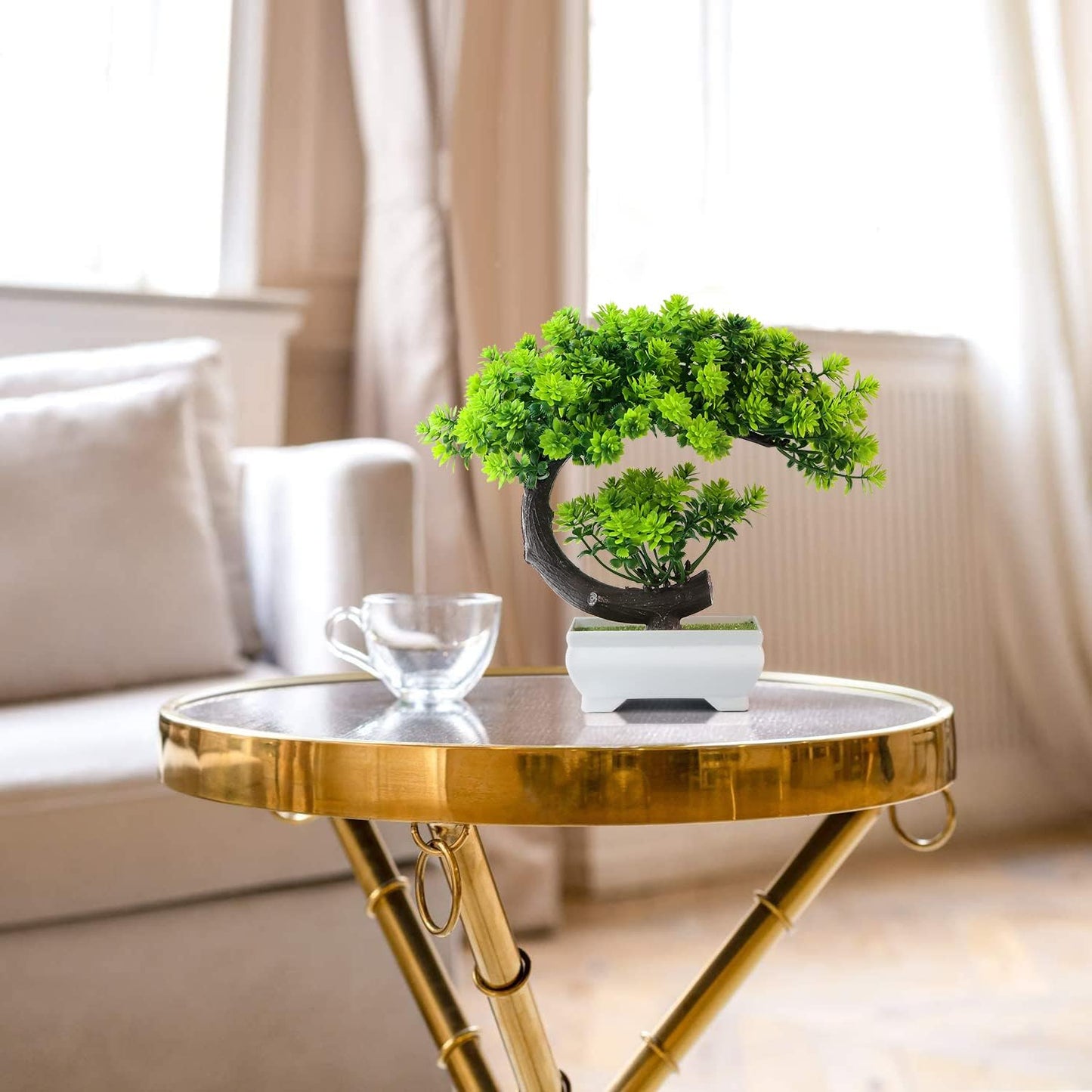 Small Artificial Plants Greenery Desktop Bonsai - Green Plastic Fake Plants for Home Decor, Indoor Bookshelf, Office Desk and Bathroom Room Decor, Tall 8.5"