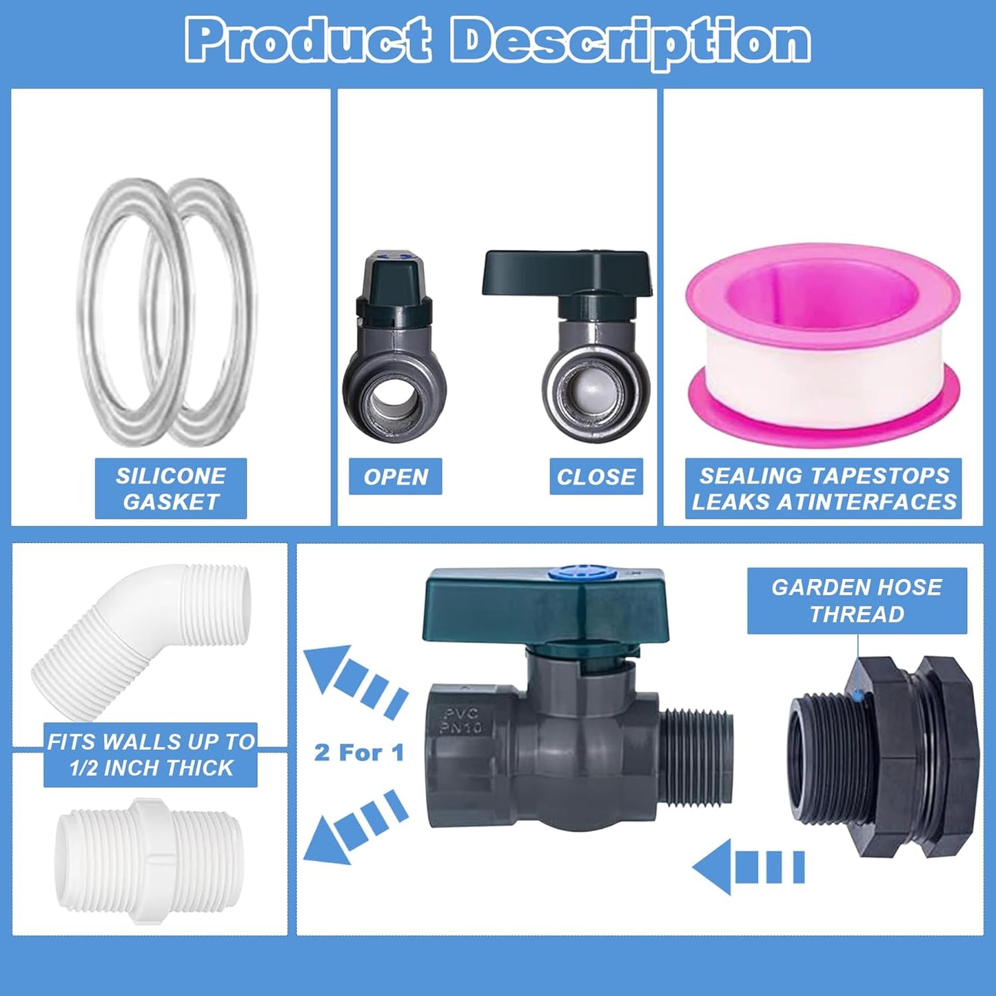 PVC Rain Barrel 45° Elbow, 3/4" Rain Barrel Valve with Bulkhead Connector and Hose Adapter, Garden Faucet Kit for Water Tanks, Aquariums, Bathtubs, Pools, Garden Buckets