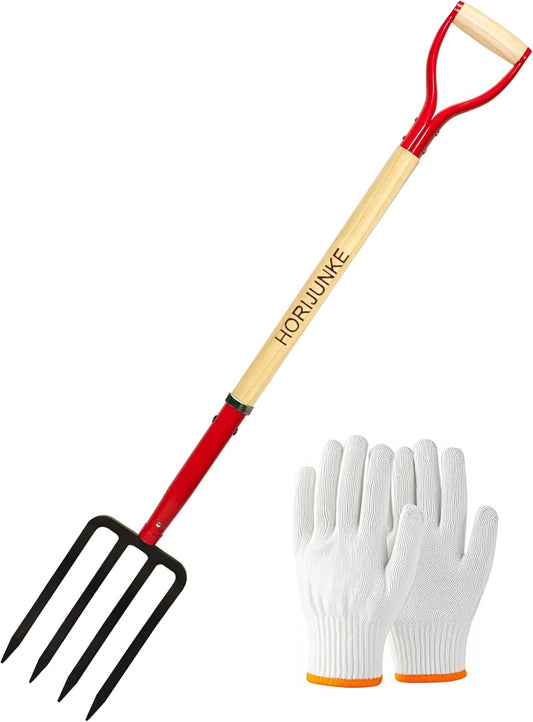 Heavy Duty Garden Fork for Digging, 4 Tines Pitch Fork for Gardening Compost, Garden Pitch Fork with Wooden Handle, 45 Inches-Red