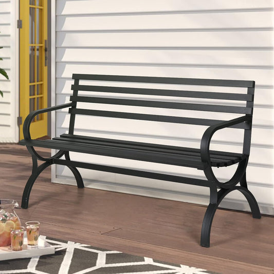 Sophia & William Outdoor Garden Bench Patio Park Bench, Metal Frame Furniture with Backrest and Armrests for Porch Yard Lawn Deck, Black