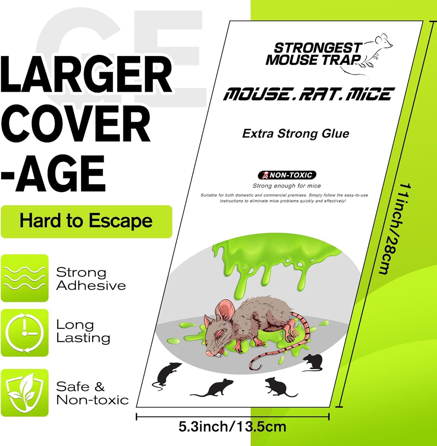 Qualirey 10 Pack Large Sticky Mouse Traps, 11 x 5.3 Inch Non-Toxic Bulk Mice Glue Trap, Rat Glue Boards Indoor Pest Control for Rodent and Insects, Snakes, Cockroaches, Spiders, and Scorpions