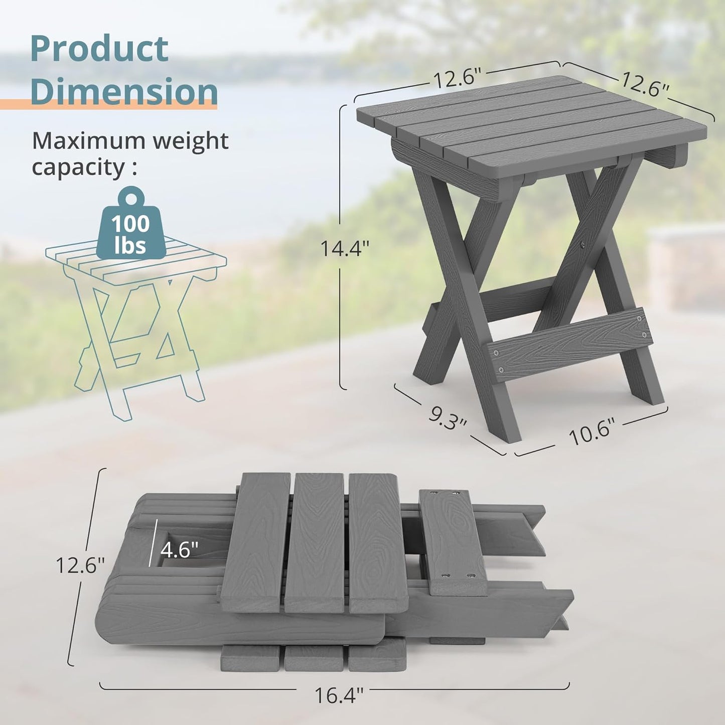 LUE BONA Small Outdoor Folding Side Table, HDPS Outside End Table for Patio, Porch, Deck, Pool, 14 Inch Height, Netural Grey