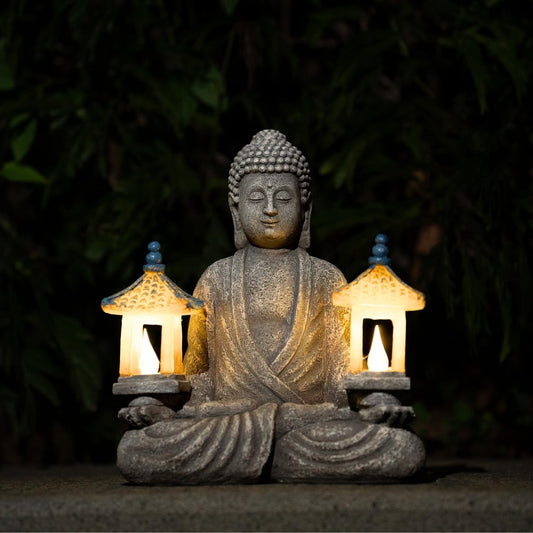 Meditating Buddha Statue with Solar Lights, Zen Garden Decor for Home, Patio, Yard, Outdoor – Unique Gift for Women and Friends(Two Pavilions)