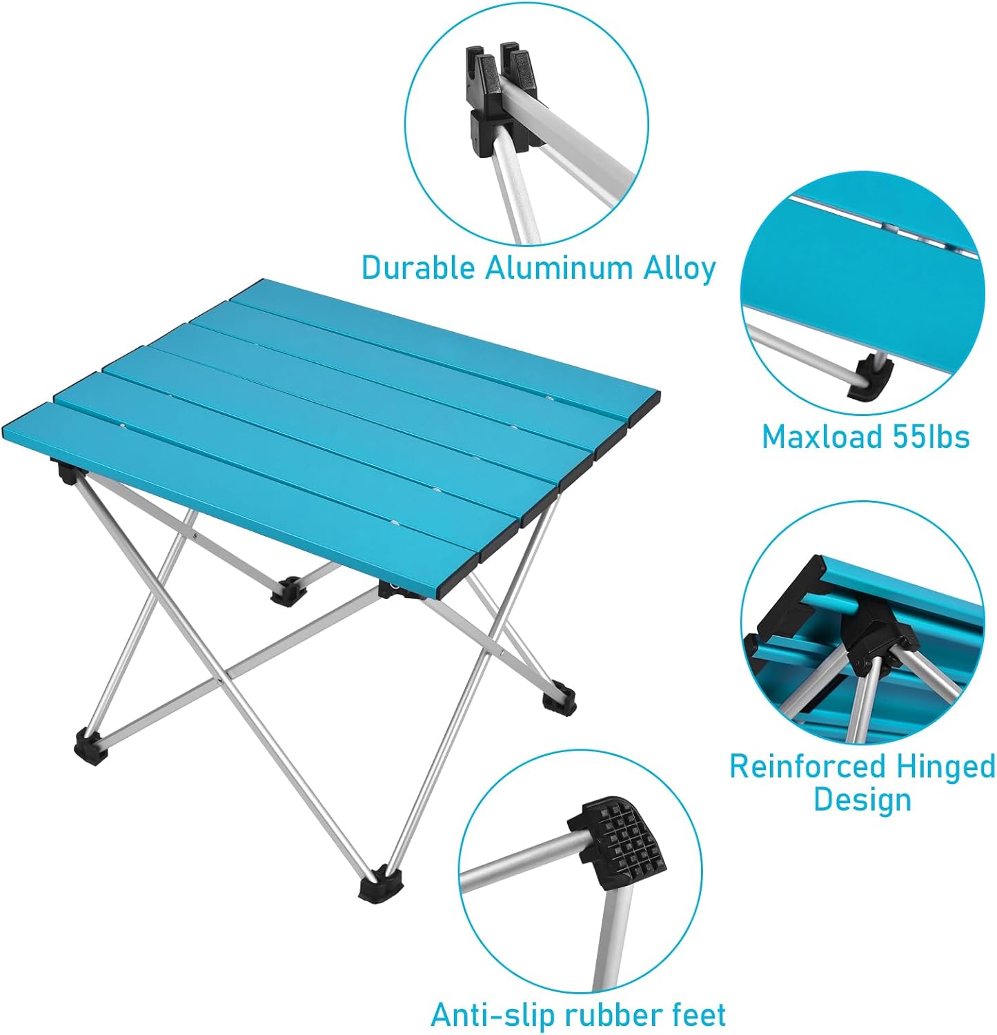 Tesouro Portable Camping Table,Folding Side Table Aluminum Top for Outdoor Cooking, Hiking, Travel, Picnic (Blue-Medium)