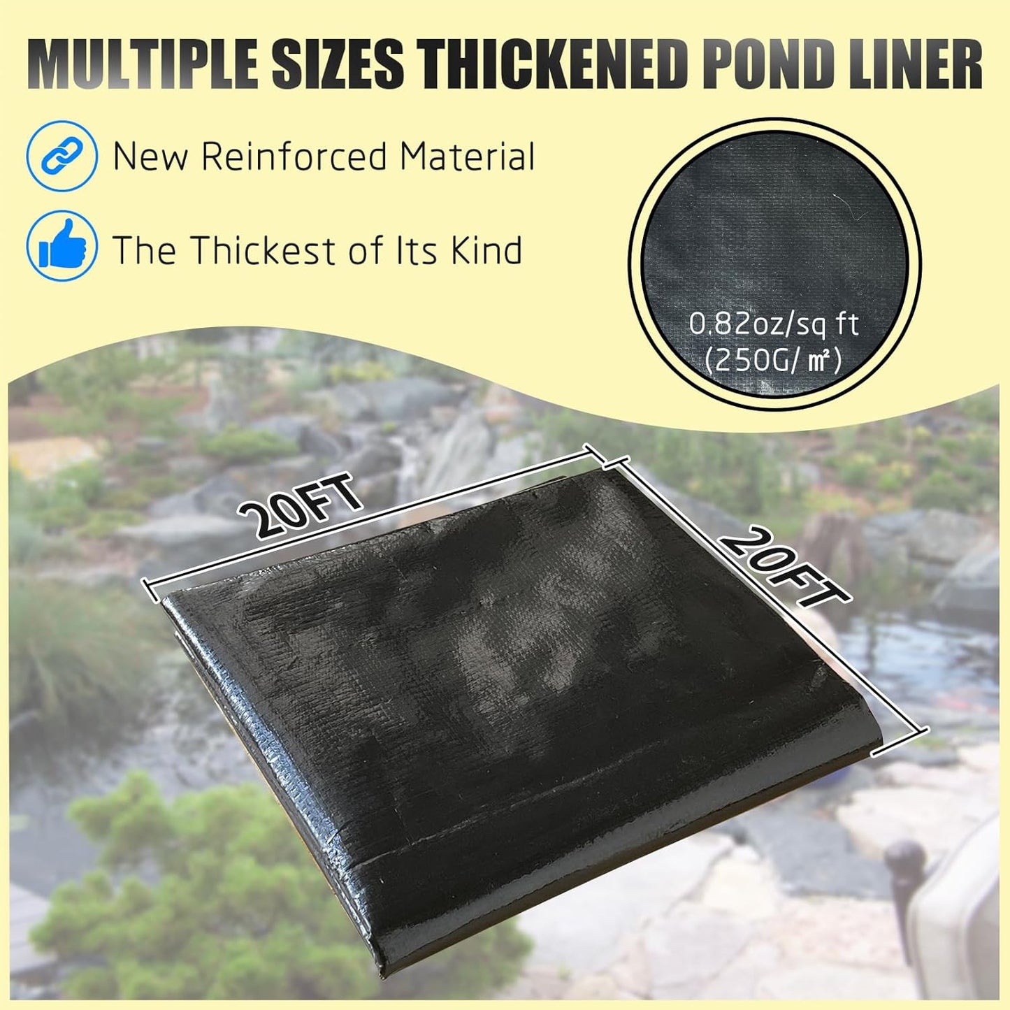 yeezoo 20X20FT Reinforced PE Pond Liner, KOI Pond Liners for Outdoor Ponds, Enhanced 5-Layer Structure Pond Liner for Fish, Duck, Garden Raised Bed and Waterscape Pond(0.82oz/sq ft Thickness)