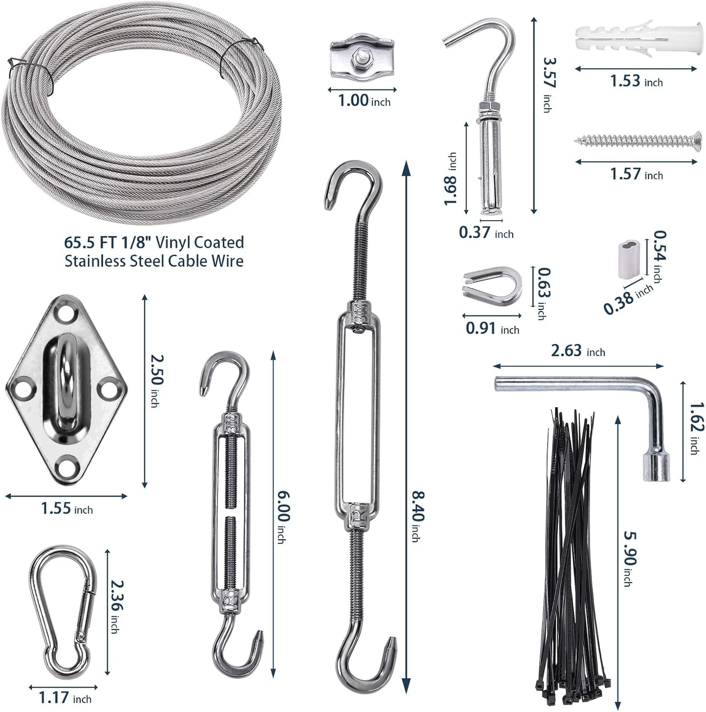 Shade Sail Hardware Kit 6 inch with 65.5FT 1/8" Wire Rope Kit for Triangle Rectangle Sun Shade Sail Outdoor Installation turnbuckles for Cables Wire for Outdoor,Garden,Kitchen,Craft,123PCS