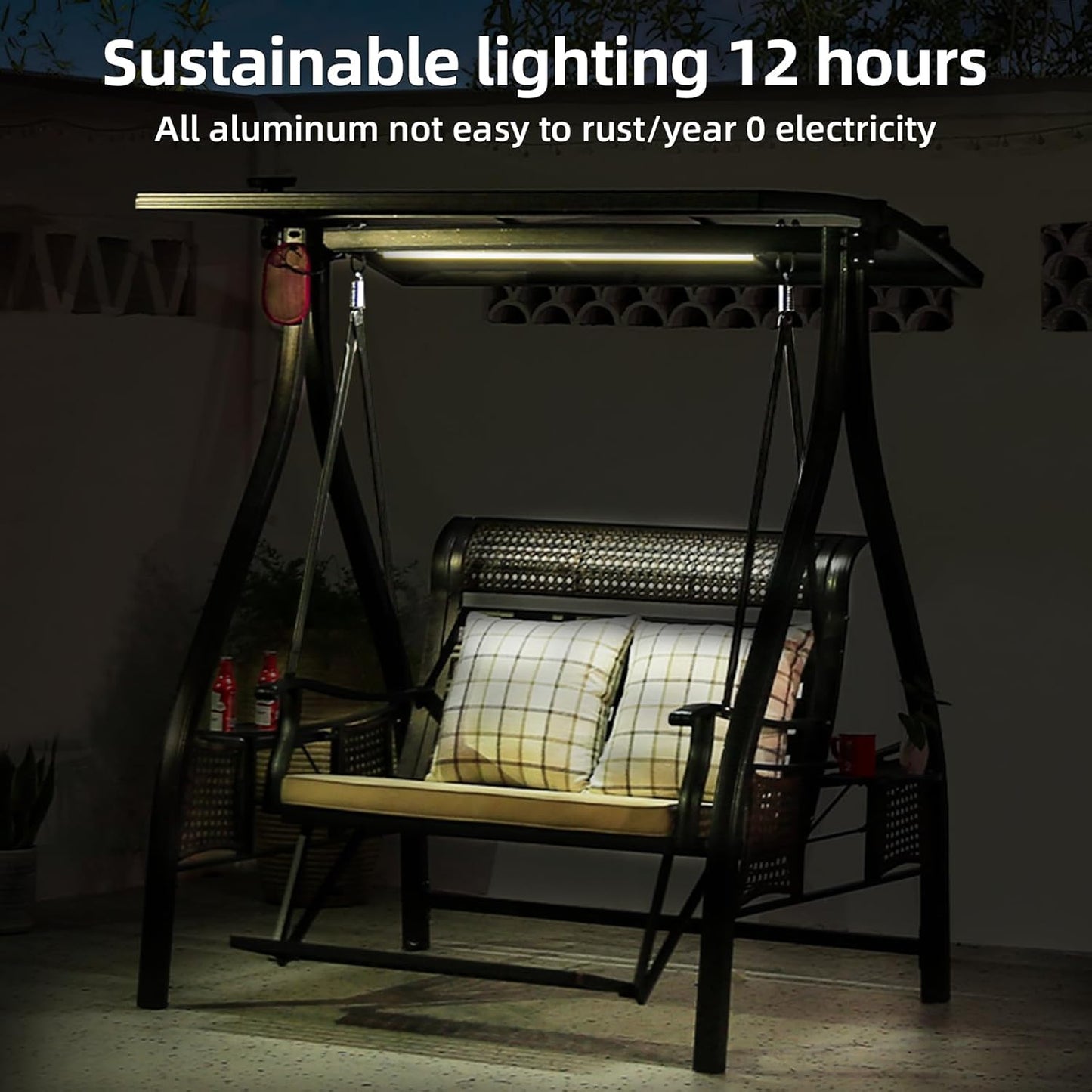 2/3-Seat Outdoor Patio Porch Swing with Adjustable Aluminum Alloy Canopy Solar Patio Swing Chair Bench with Footrest Side Cup Holder for Backyard Lawn (Himalaya-3 Seat)