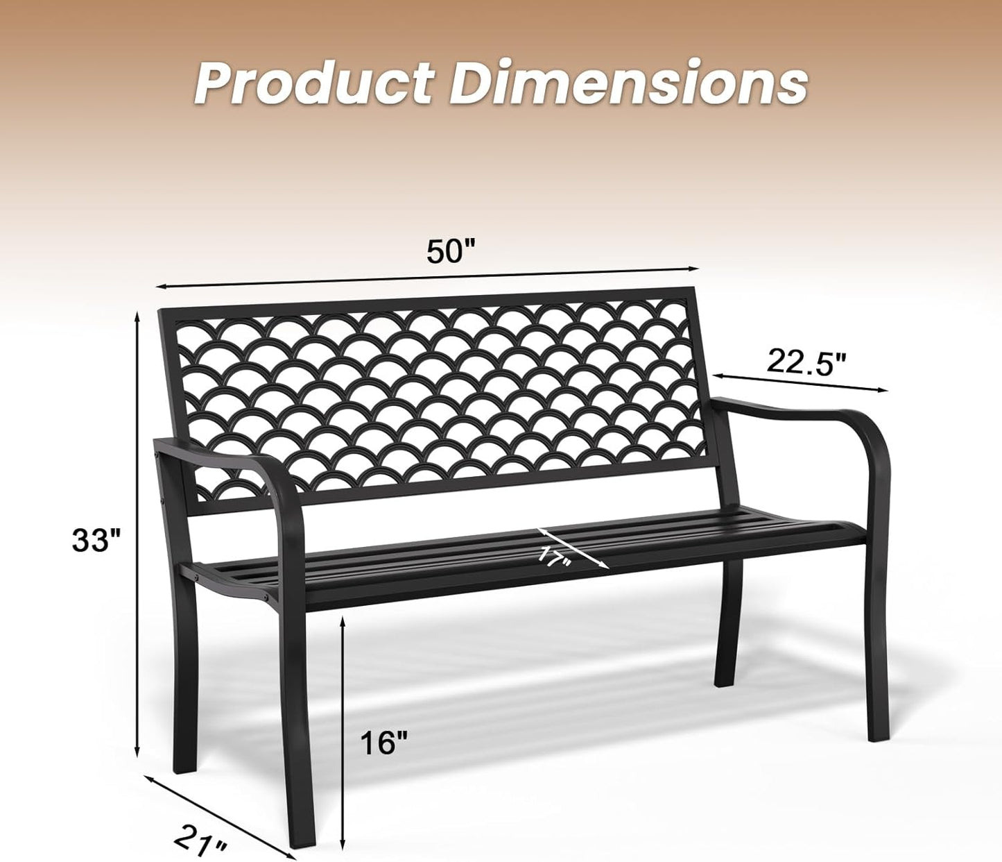 50'' Outdoor Garden Bench, Weatherproof Wrought Iron Metal Patio Bench with Mesh Pattern Backrest, for Front Porch, Park, Yard, Gardens