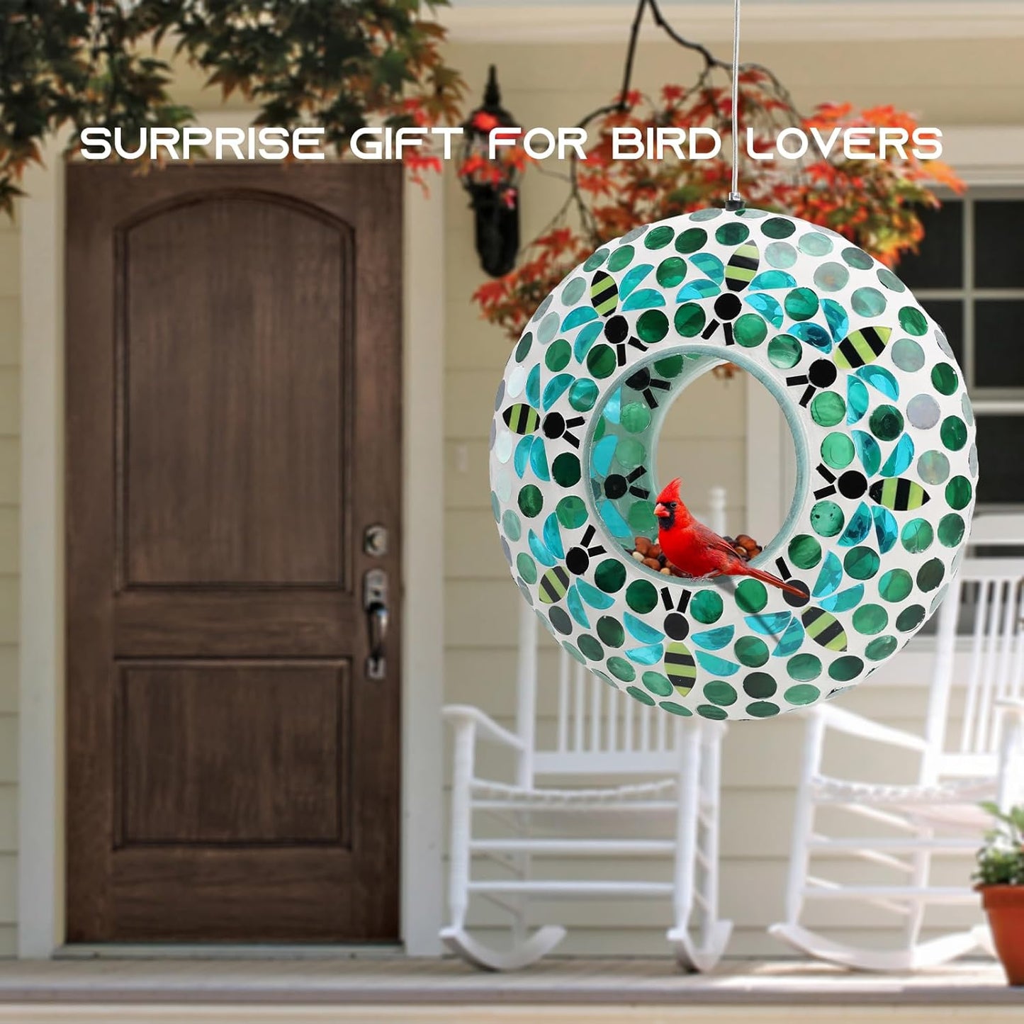 Yinns Bird Feeder - Fly Through Hanging Glass Large Bird Feeders for Outdoors Circle Wild Bird Mosaic Feeders Seed Container 9 inch