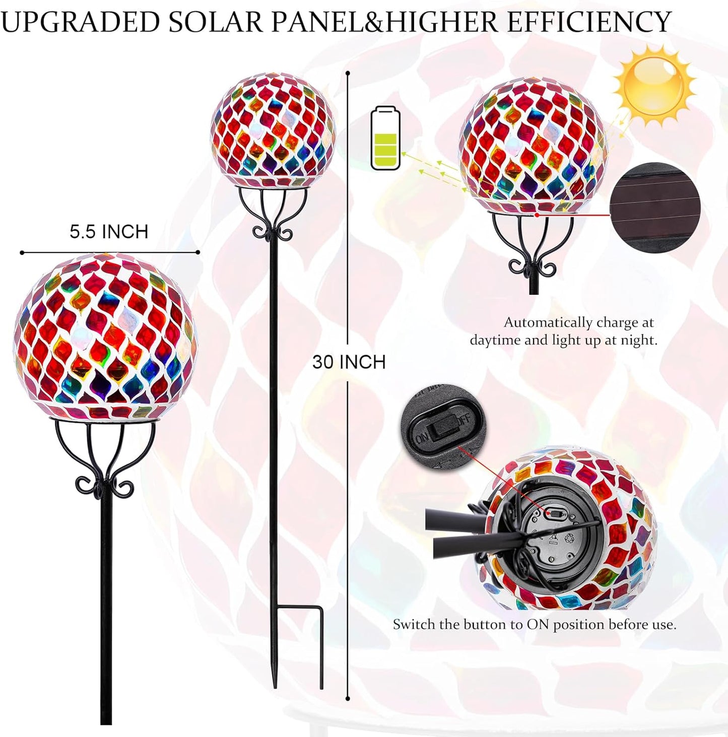 VCUTEKA Solar Outdoor Lights Garden Decor Mosaic Solar Garden Lights Waterproof Glass Ball LED Pathway Stake Light for Landscape Lawn Patio Yard Decoration 6 inch, Red