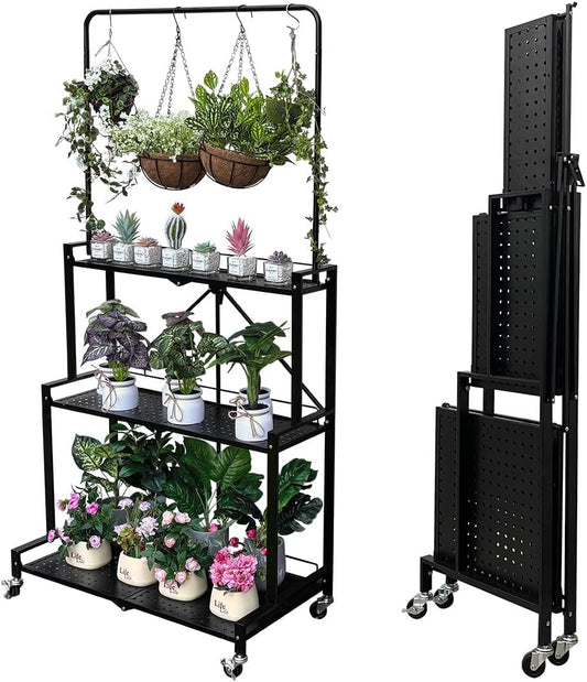 lumizone Foldable 4-Tier Plant Stand Indoor Outdoor Hanging Plant Shelf No Assembly Required Pot Placement Area With Wheels Sturdy Fall Prevention Storage Shelf Flower Pot Stand(4 Tier-Black)