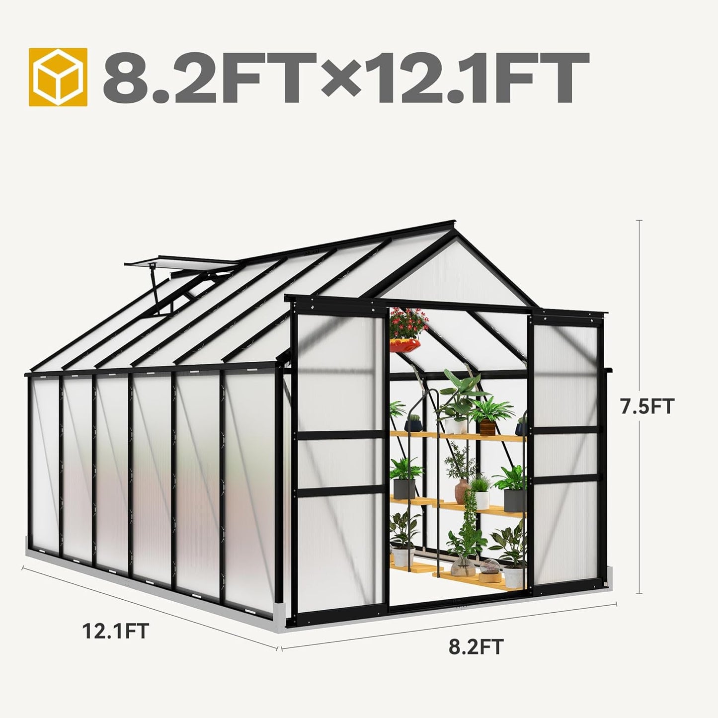 DWVO 8x12FT Polycarbonate Greenhouse for Outdoors, Large Heavy Duty Aluminum Greenhouses with Sliding Doors and Vent Window, Walk-in Greenhouse Large Sun House for Garden Backyard, Black