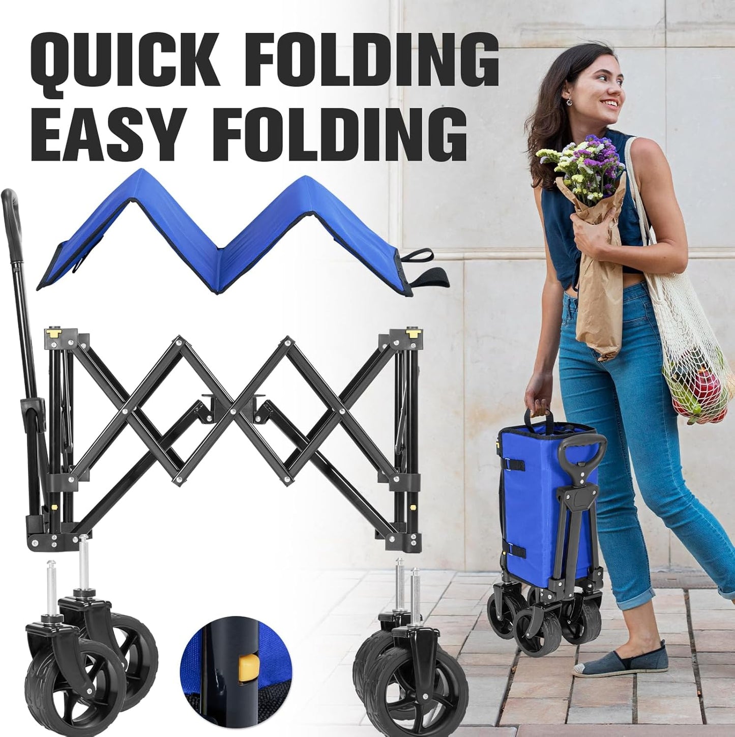 Wagon Cart Shopping Foldable Folding Collapsible with Wheels Big On Beach Garden Outdoor Grocery Heavy Duty Utility All Terrain Portable Wagons Carts for Groceries Sand Camping Sports Blue