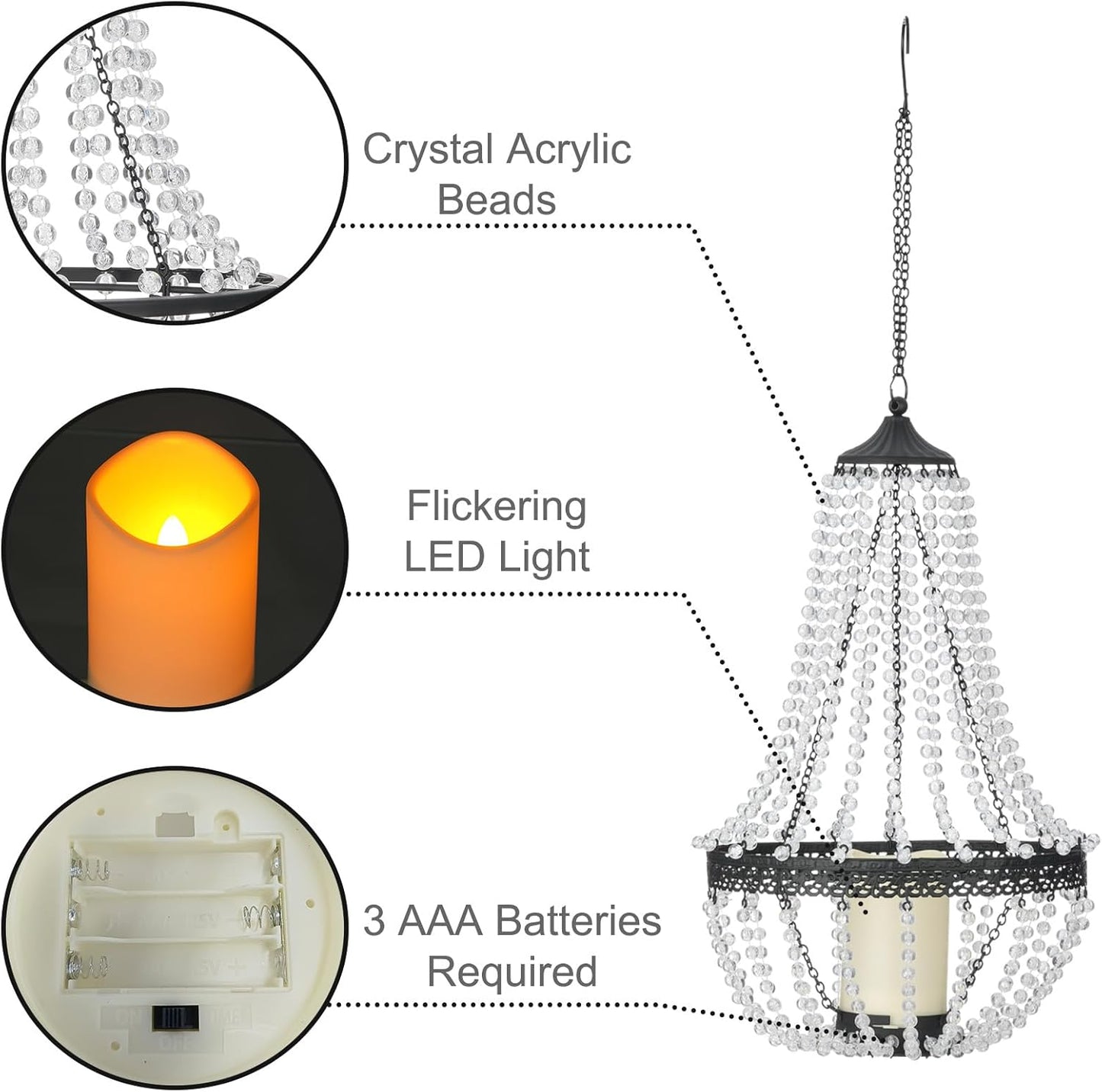 Hanging Candle Lantern, 27” Battery Operated Modern Clear Acrylic Crystal Chandeliers with Flickering Yellow Led Candle Light S Hooks for Garden, Backyard, Gazebo, Room Indoor Outdoor Decor