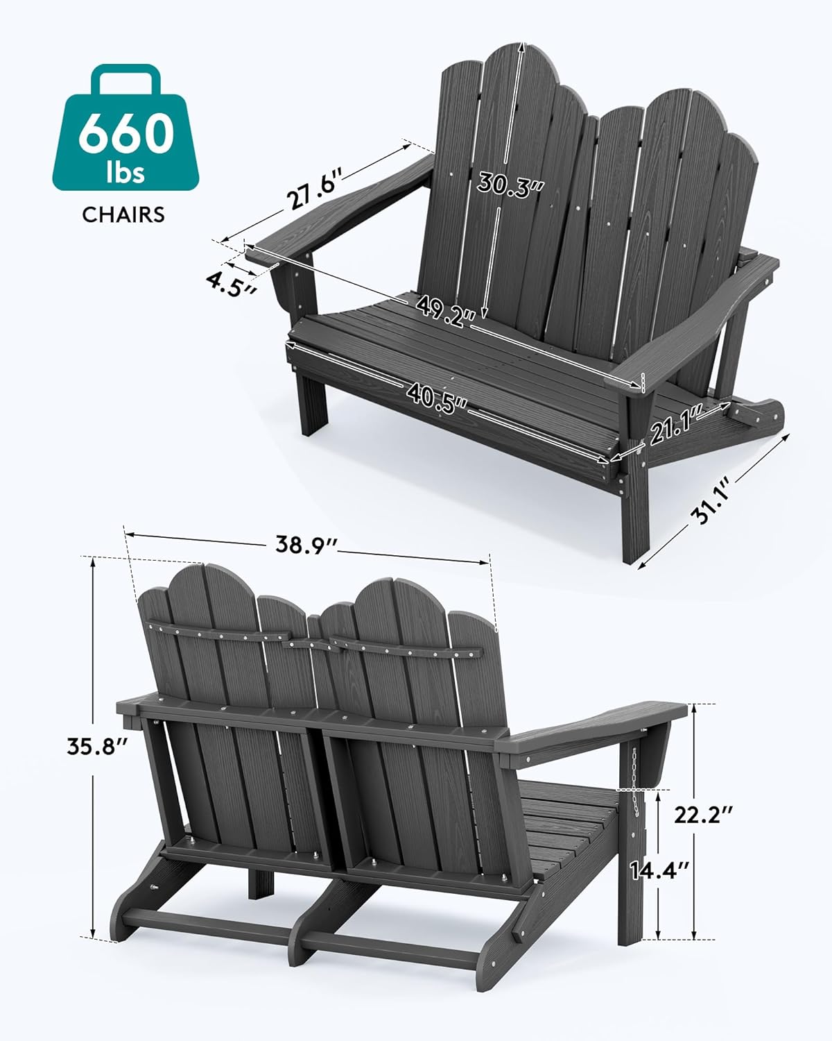 SERWALL Adirondack Bench, HDPE All-Weather Adirondack Loveseat, Outdoor Adirondack Chair for 2, Grey