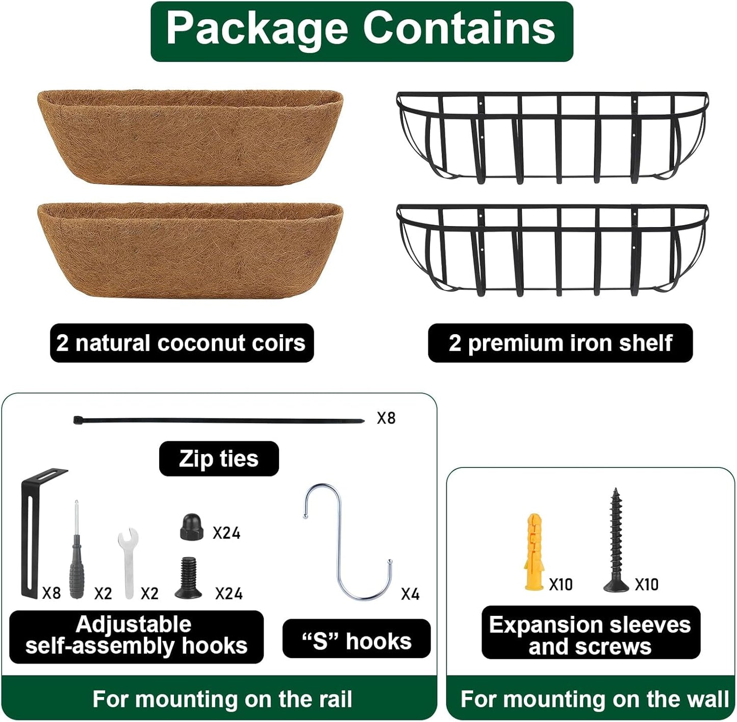 DUNCHATY Railing Planter Window Box - 2 Pack 24" Horse Trough Planter with Coco Fiber Liner - Deck Balcony Rail Planter for Porch Fence Patio Outdoor