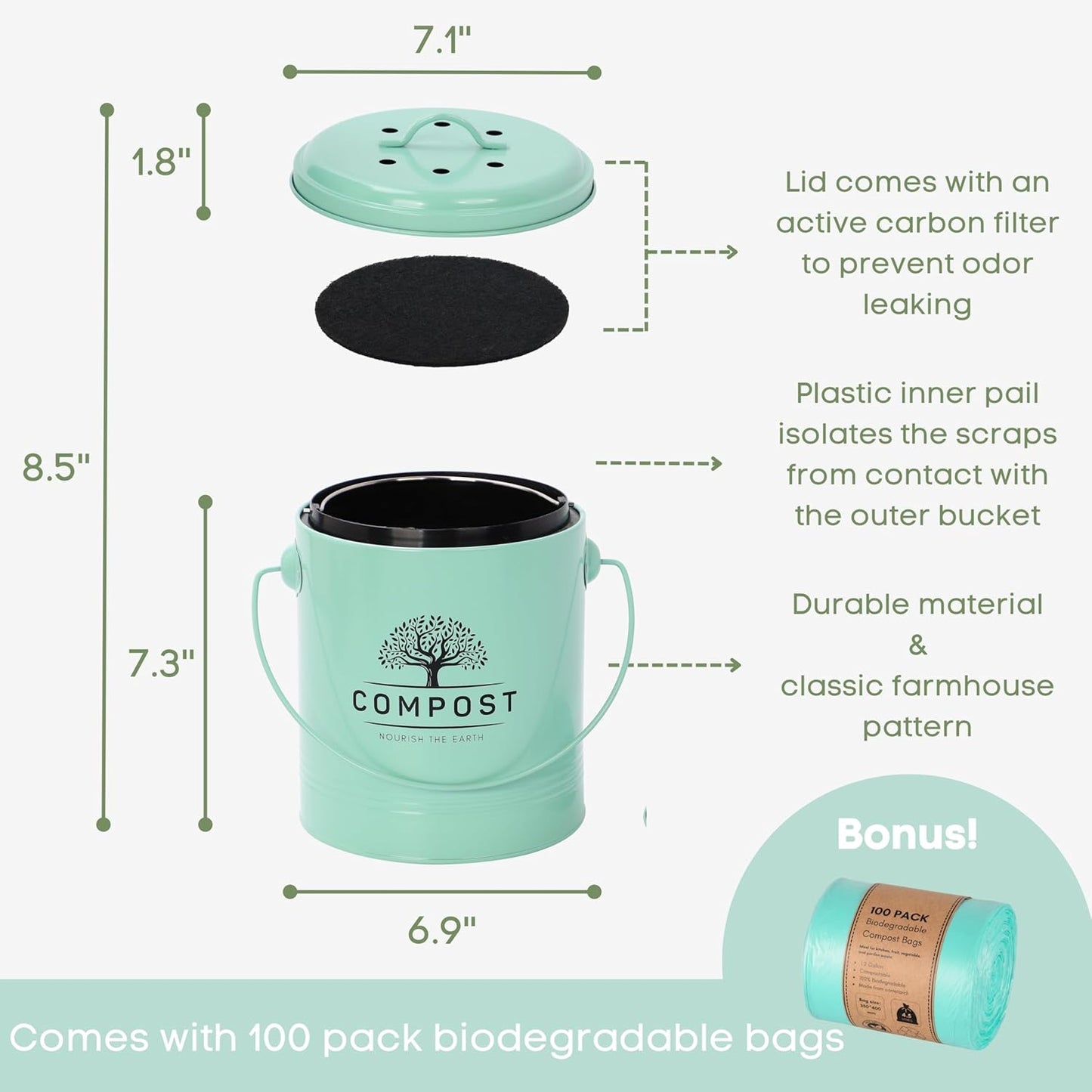 Perfnique Kitchen Compost Bin, 1.3 Gallon Countertop Compost Bin with Lid, Indoor Compost Bucket Includes Inner Bucket Liner and Carbon Filter, Small Compost Bin with Trash Bags (with Bags, Mint)