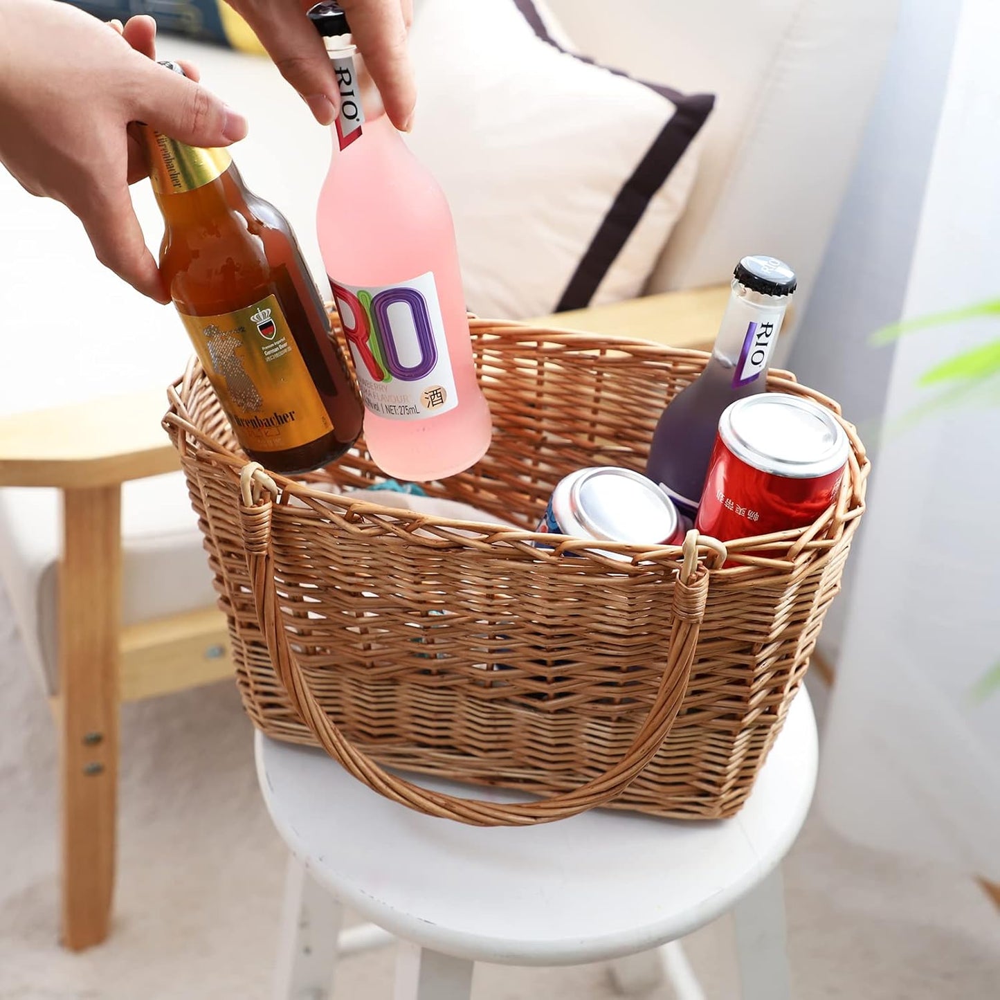 Natural Wicker Picnic Basket with Handle - Woven Willow Basket for Eggs, Candy, Groceries, Flowers, Gifts, Home & Outdoor Storage, 13x6x8 inches