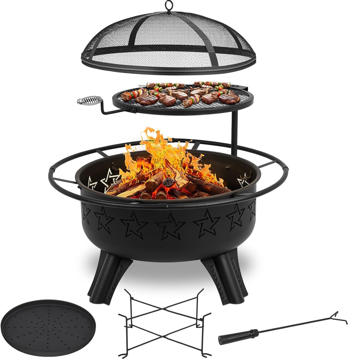 31" 2-in-1 Wood Burning Fire Pit with Swivel BBQ Grills & Spark Screen for Outside - Heavy Duty Outdoor Firepit with Charcoal Pan, Log Rack & Poker - for Backyard, Patio, Garden Bonfire