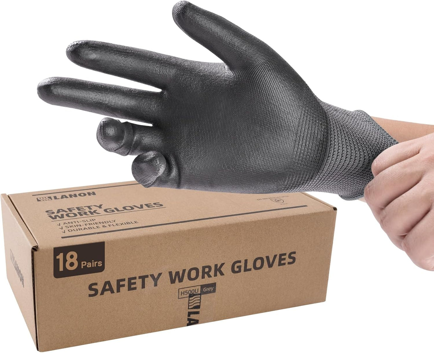 LANON 18 Pairs Safety Work Gloves, Mechanic Working Gloves for Men,Breathable PU Coated, Seamless Knit,Double Wash, Grey, XXL