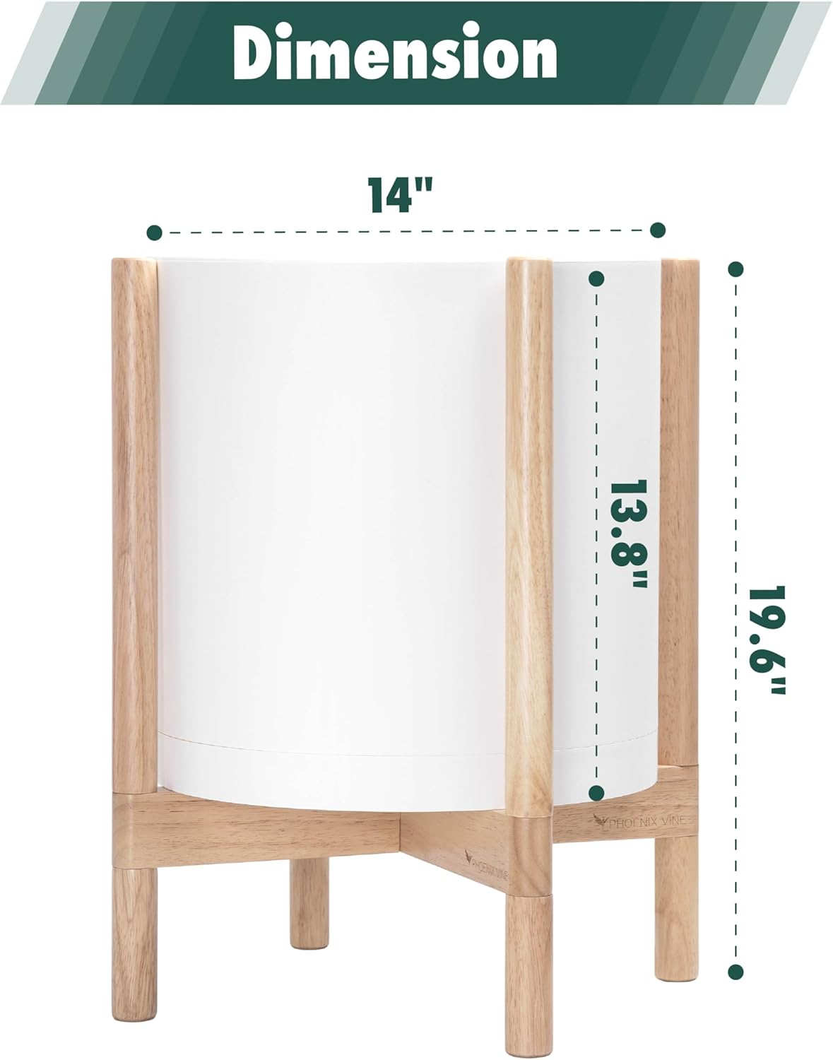 D'vine Dev Planter Pot with Stand - 14 Inch Plastic Cylinder Flower Pot with Wood Planter Holder for Indoor, Matte White Pot + Natural Stand, 55-C-S-1
