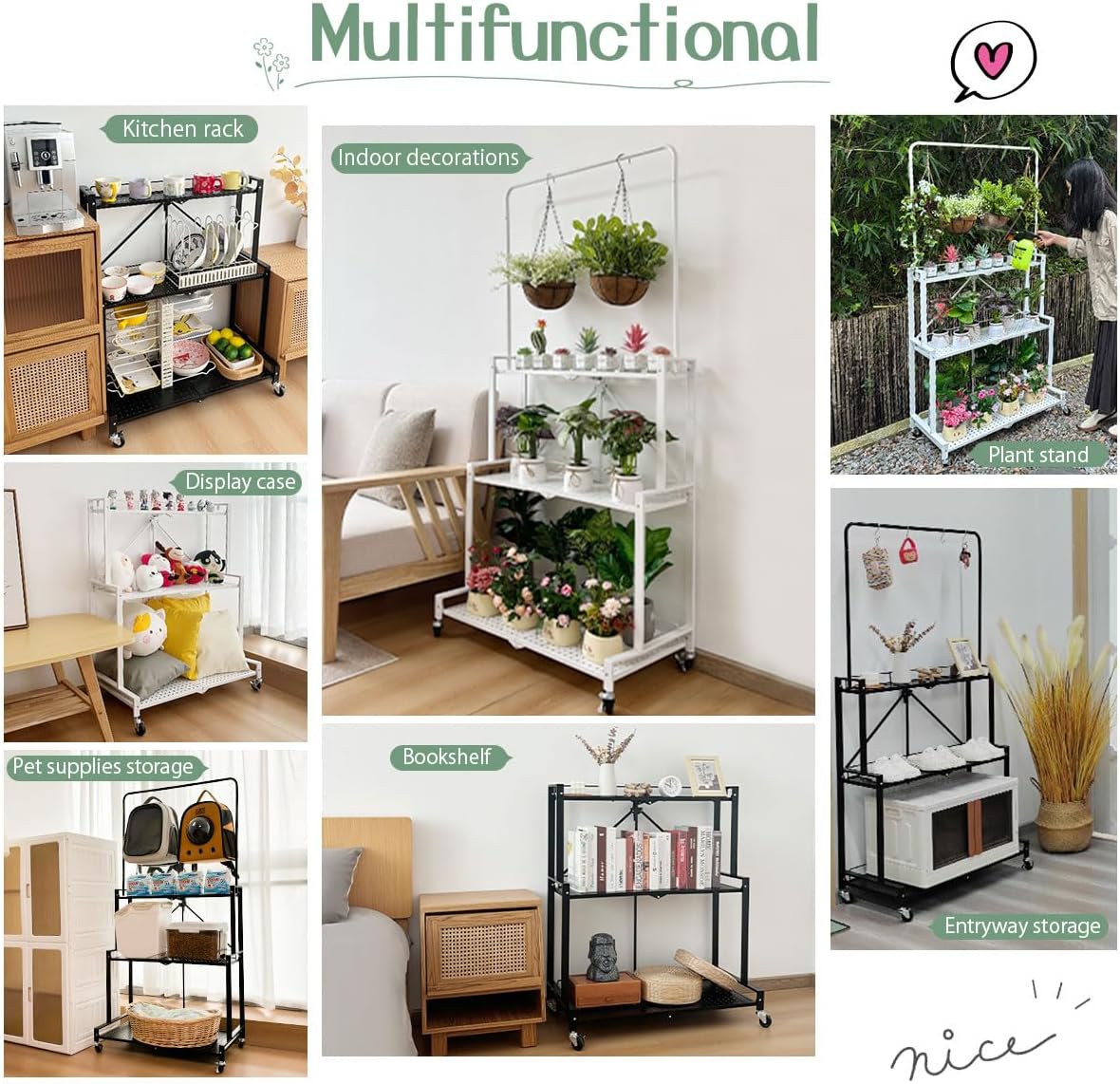 lumizone Foldable 4-Tier Plant Stand Indoor Outdoor Hanging Plant Shelf No Assembly Required Pot Placement Area With Wheels Sturdy Fall Prevention Storage Shelf Flower Pot Stand(4 Tier-White)