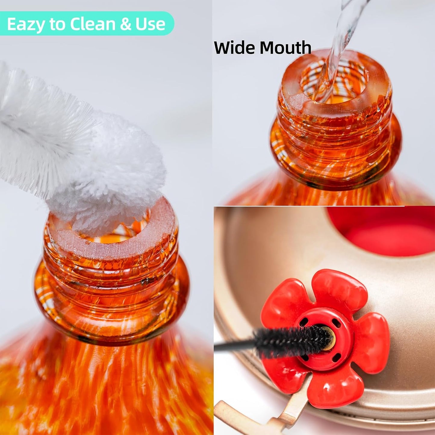 Hummingbird Feeders for Outdoors Hanging, 32OZ Hand Blown Glass Hummingbird Feeder for Outside, 4 Perch Ant Moat Leakproof, Garden Decor, Backyard Bird Gifts for Mom (Orange)