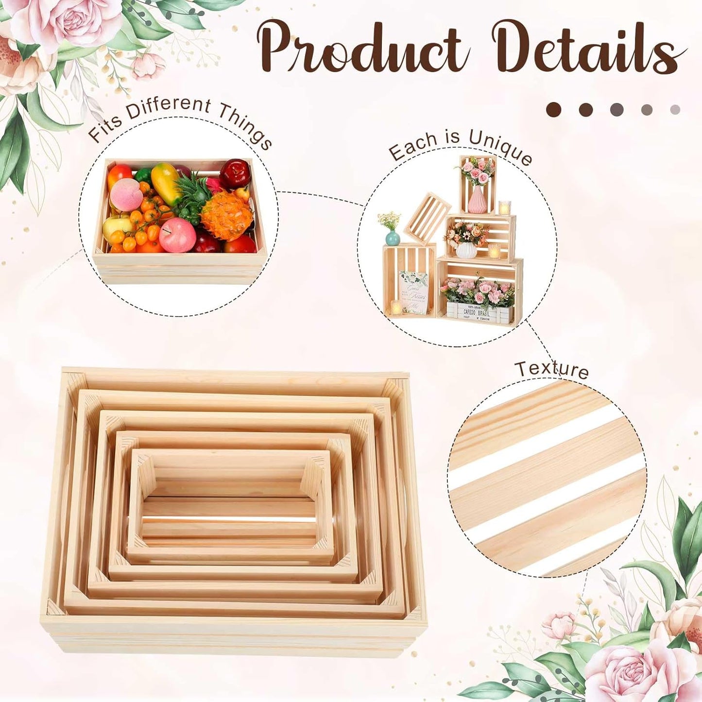 Soaoo 5 Pcs Decorative Nesting Wooden Crates for Storage Display 5 Size Large Small Rustic Wood Decorative Storage Crates with Handle Farmhouse Crate Box Container Made from Pine(Natural Color)