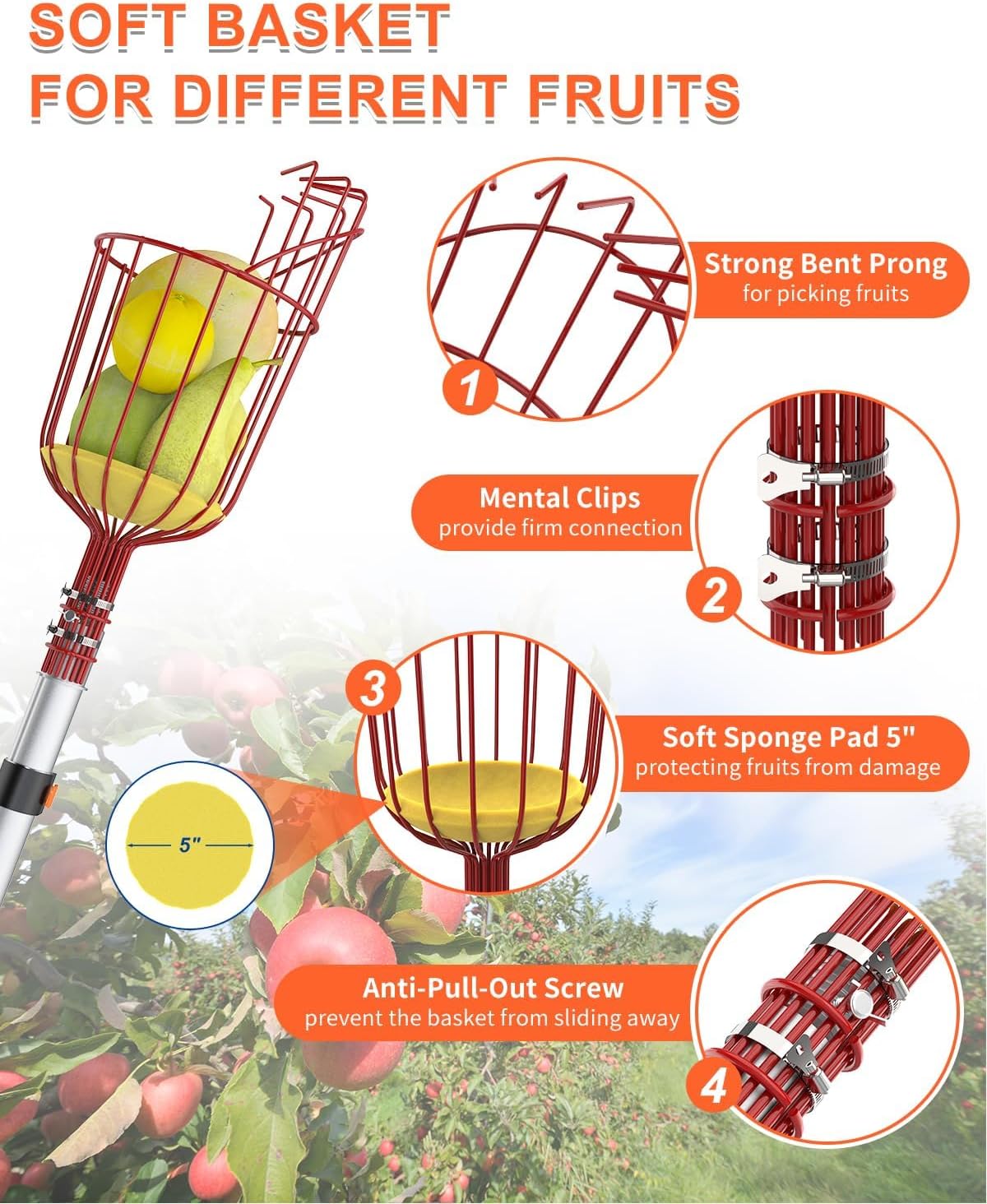 Buyplus 26ft High Reach Fruit Picker with Basket Telescoping, 5-20 Foot Heavy Duty Sturdy Aluminium Telescoping Extension Pole, Easy to Attach Twist-On Metal Basket for Picking Mango Avocado Lemon