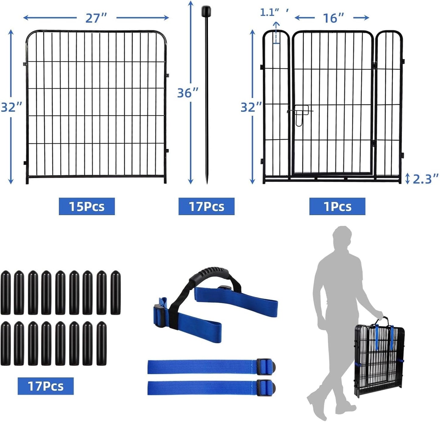 ADAVIN Garden Fence 32 in(H) x 35.4 ft(L) 16 Panels for Camping, Black Heavy Duty Iron Metal Animal Barrier Fence, Rabbit Fence for Yard, Indoor Dog Playpen, Temporary Flower Bed Fencing Border,Black