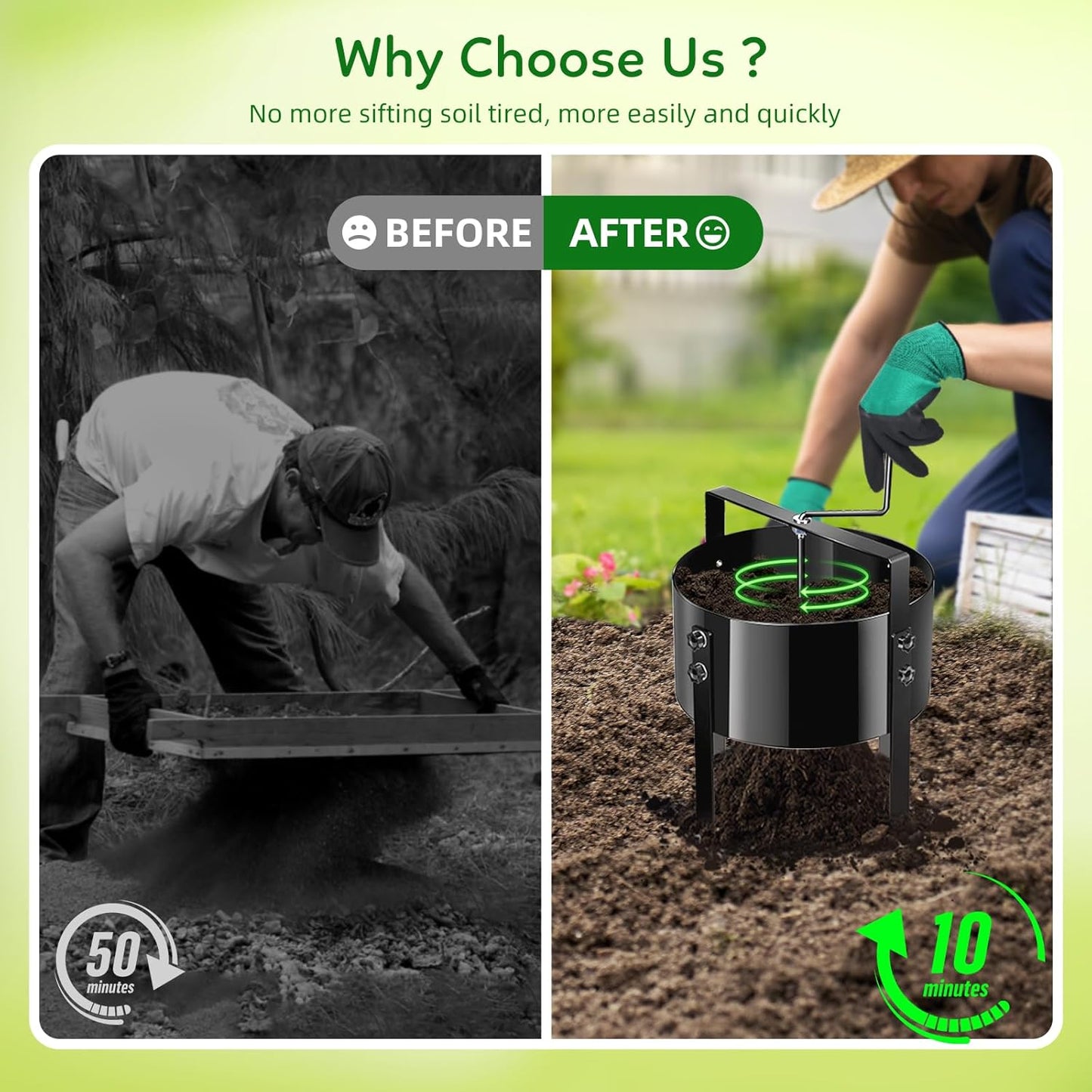 New Upgrade Rotary Soil Sifter Compost Sieve, 13 Inch Heavy-Duty Garden Soil Screen with 4 Replaceable Sifting Sieve (3/6/9/12mm) for Sand Rocks Dirt Compost, Includes Gardening Shovel & Gloves Kit ‌