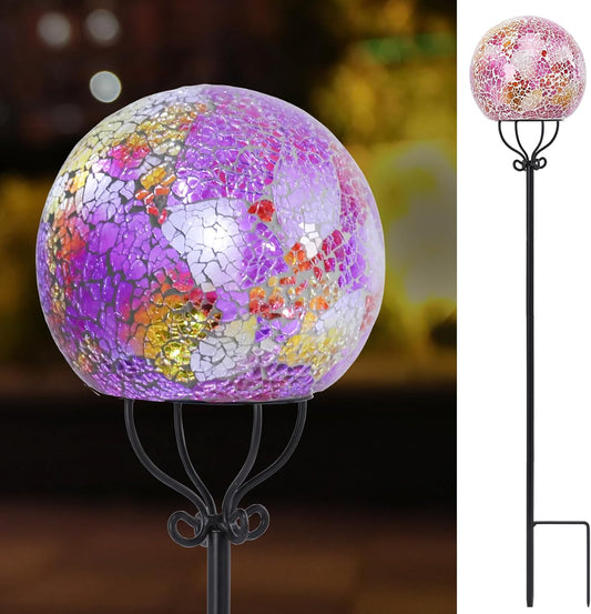 VCUTEKA Solar Outdoor Lights Garden Decor Mosaic Solar Garden Lights Waterproof Glass Ball LED Pathway Stake Light for Landscape Lawn Patio Yard Decoration 6 inch, Pink