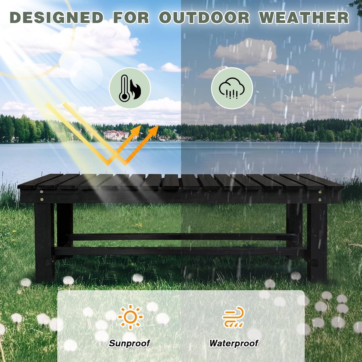 Outdoor Garden Bench, 2-Person Wood Patio Bench Weatherproof Outdoor Backless Bench, Anti-Corrosion and Anti-Rust Garden Benches for Garden Lawn Porch Park Backyard (Black,35.5''/90cm)