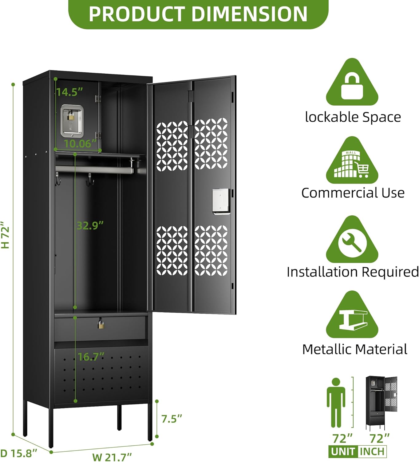 1 Door Metal Locker with Hanging Rod,Metal Storage Locker with Mesh,Suitable for Gym,Basketball Gym,Gymnasiums,Utility Room,Assembly Required,Black