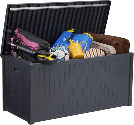 120 Gallon Outdoor Storage Box Large, Lockable Outside Containers Waterproof Patio Cushions Storage Deck Boxes, Plastic Garden Hose Boxes Resin Pool Storage Bins, Grey