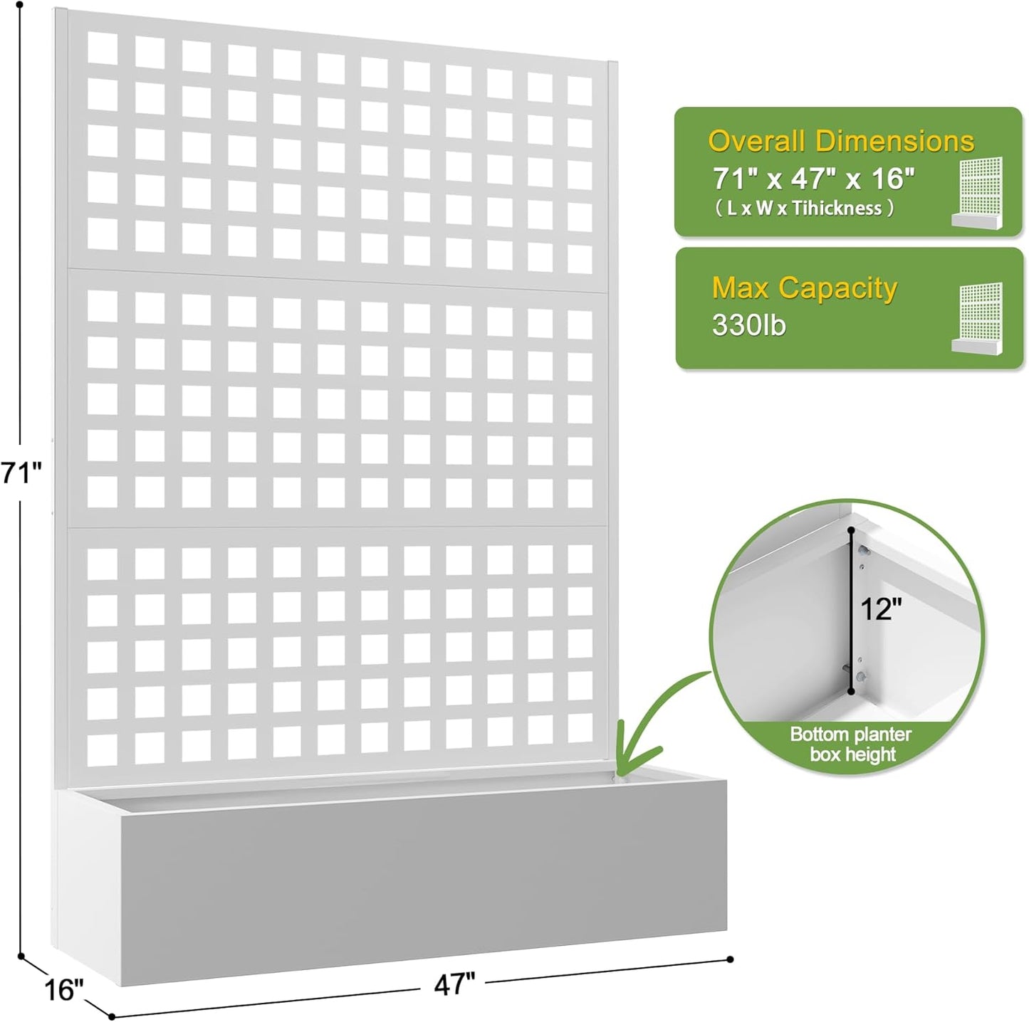 FENCY Metal Raised Garden Bed with Trellis, Metal Planter Box with Trellis, Garden Box for Climbing Plants Vegetable, 47''Lx16''Wx71''H Garden Bed with Drainage Holes(White)