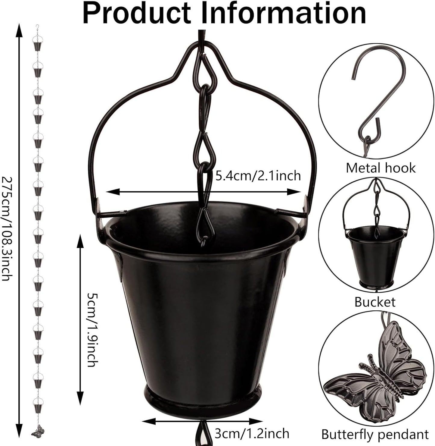 Rain Chain for Outside with 1 Adapter, Wrought Iron Rain Chains 9 FT Set,Rain Chains for Gutter with Rain Chain 16 Cup and Decorative Butterfly (Black)