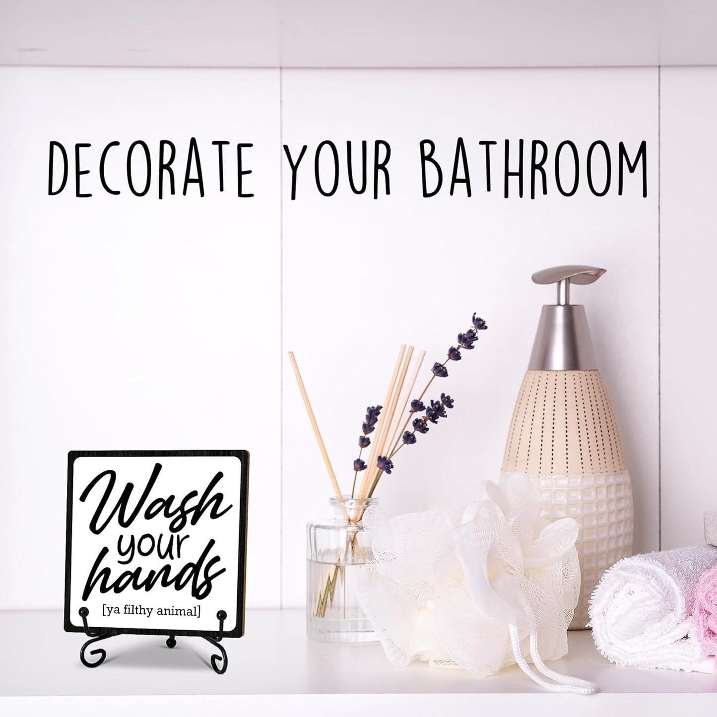 5" Wooden Plaque, Wash Your Hands, Bathroom Toilet Decor With 1 Metal Support, Shelf Decoration, Rustic Farmhouse Home Guest Room Accessories -B14