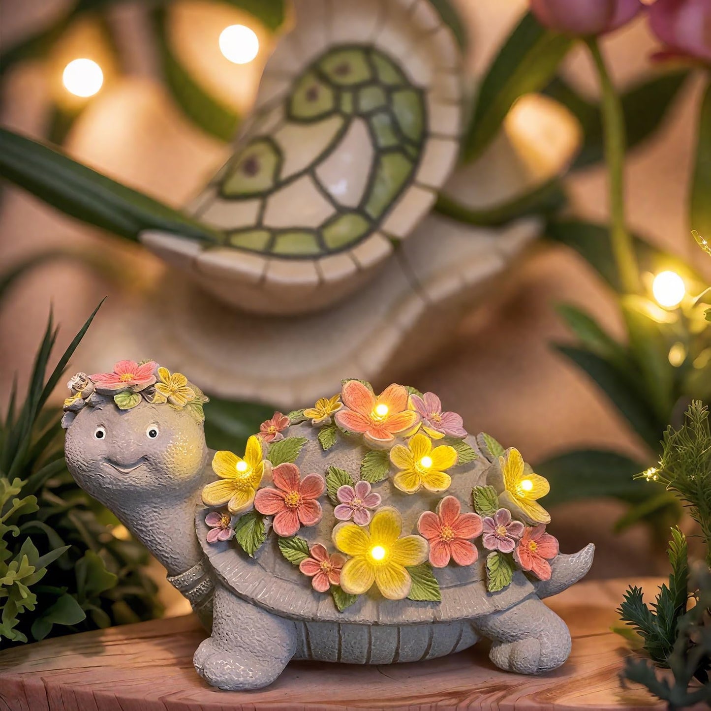 Solar Turtle Statues Garden Decor - Cute Turtle Figurine with Flowers Solar Lights, Tortoise Statue for Outdoor Yard, Lawn, Patio Decoration - Birthday Gifts for Mom Grandma Women