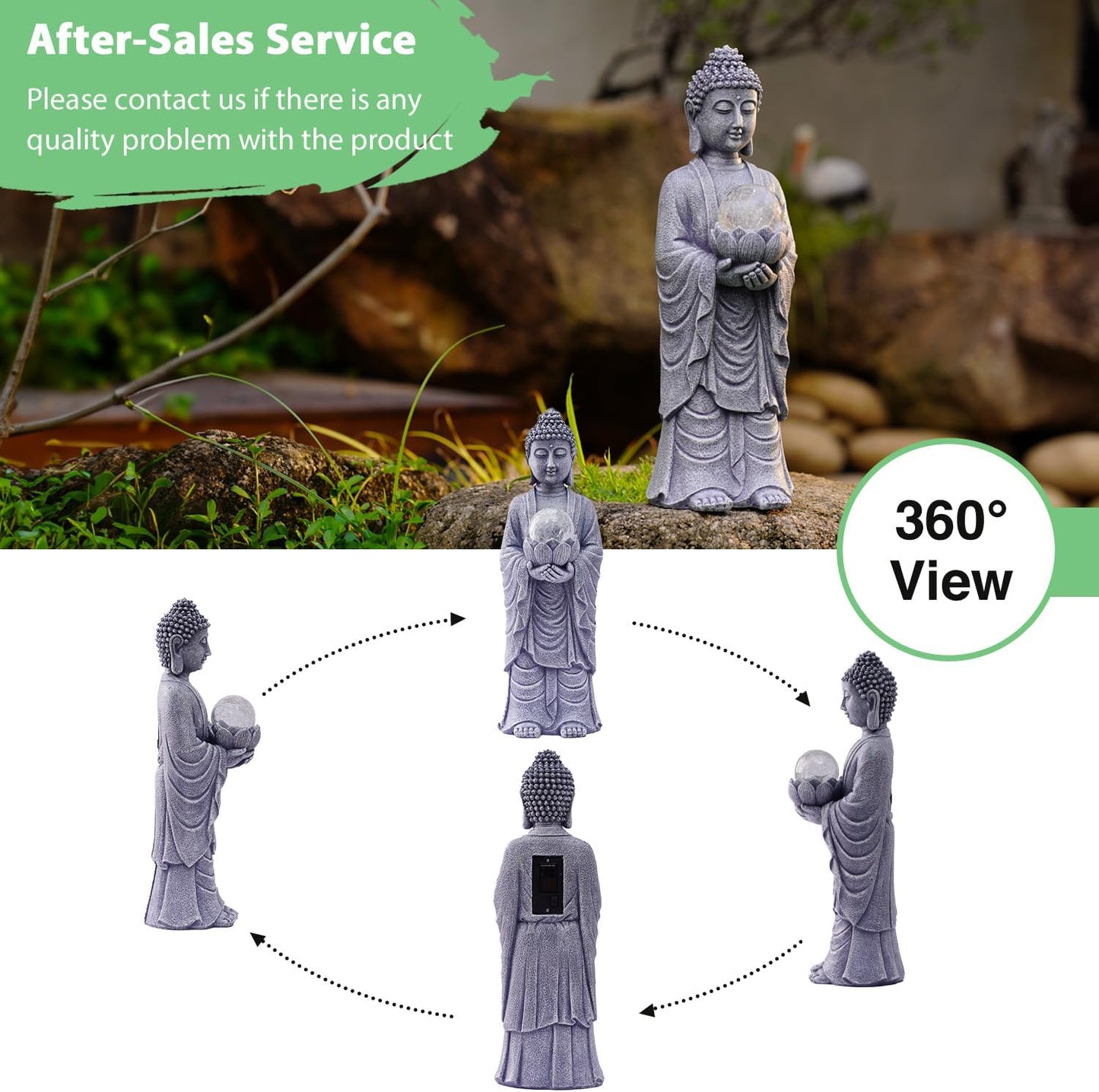 Goodeco Buddha Statue with Solar Lotus – 14.4 Inch Tall Large Garden Buddha Statue for Outside, Outdoor Zen Garden Statues