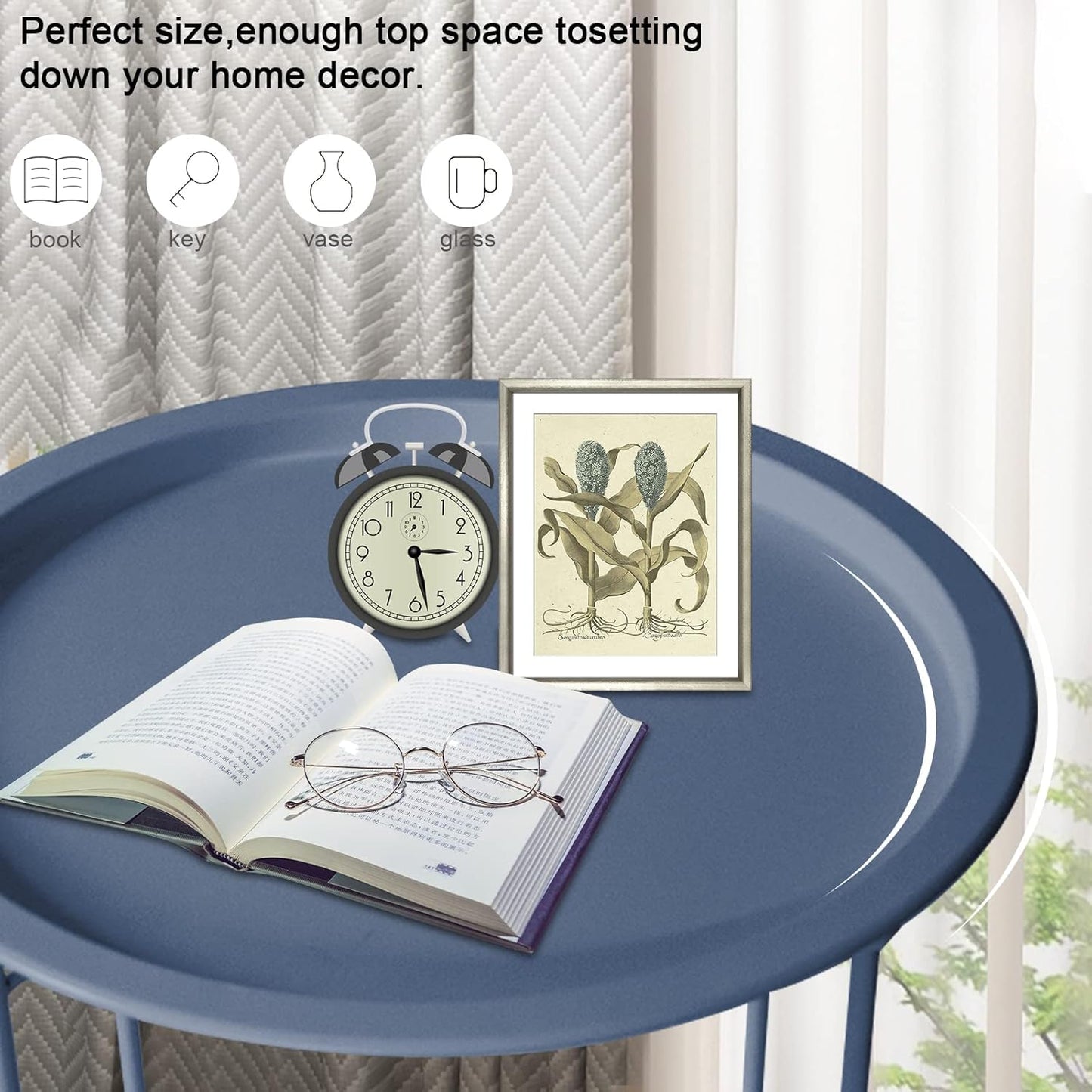 Garden 4 you End Table Metal Side Table Blue Round Folding Tray Cyan Sofa Small Accent Fold-able Table, Round End Table Tray, Next to Sofa Table, Snack Table for Living Room and Bed Room
