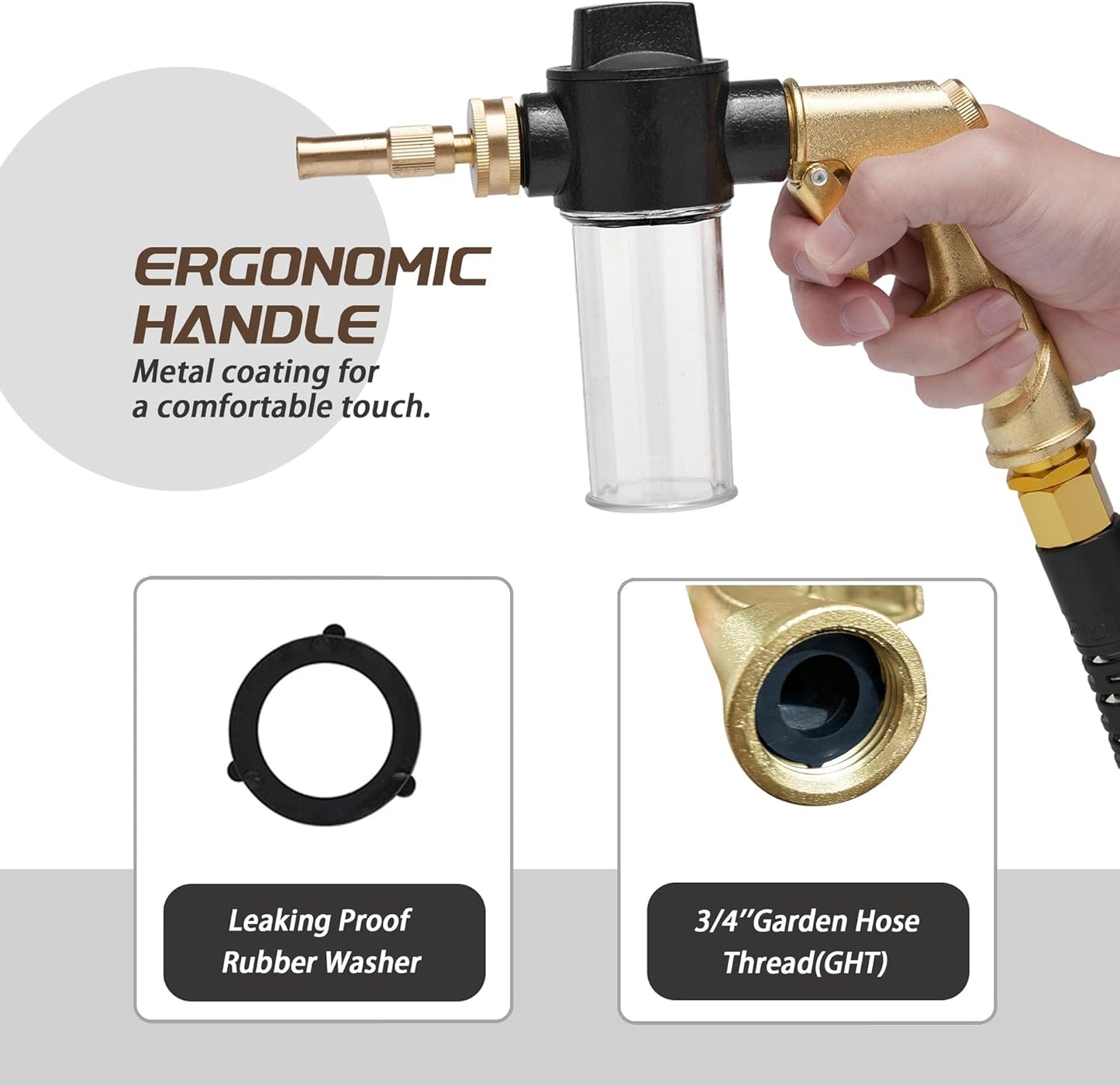 Garden Hose Nozzle Sprayer with 3.5oz Plastic Soap Dispenser Bottle, Heavy Duty High Pressure Car Wash Foam Gun, Adjustable Nozzle for Gardening, Solar Panel Cleaning, Pet Showering (Brass)