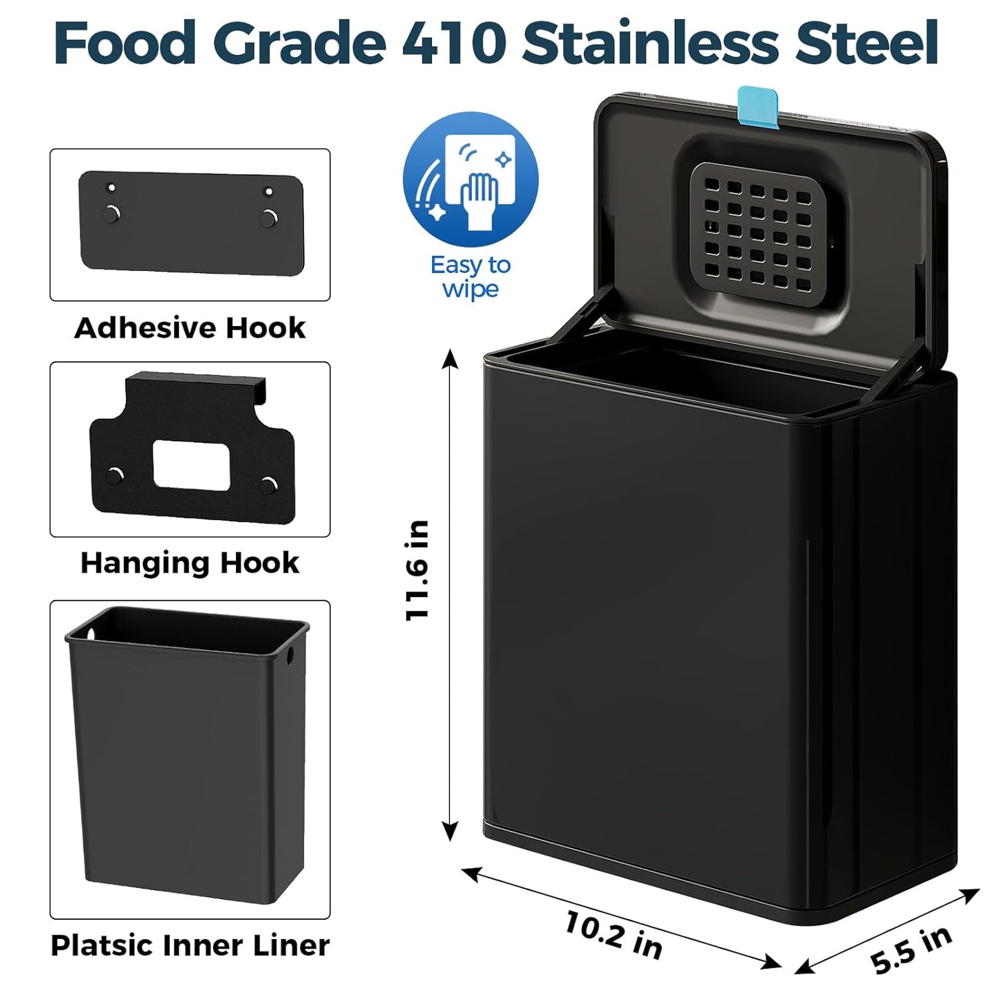 Stainless Steel Hanging Trash Can with Lid and Inner Bucket, 2 Gallon Kitchen Compost Bin for Counter Top, Under Sink or Wall Mount, Small Garbage Can for Cupboard/Bathroom/Bedroom/RV, Black